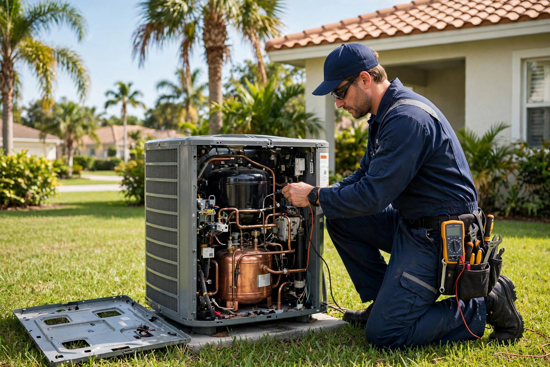 HVAC technician repairing an AC compressor inside an outdoor condenser unit at a Florida home