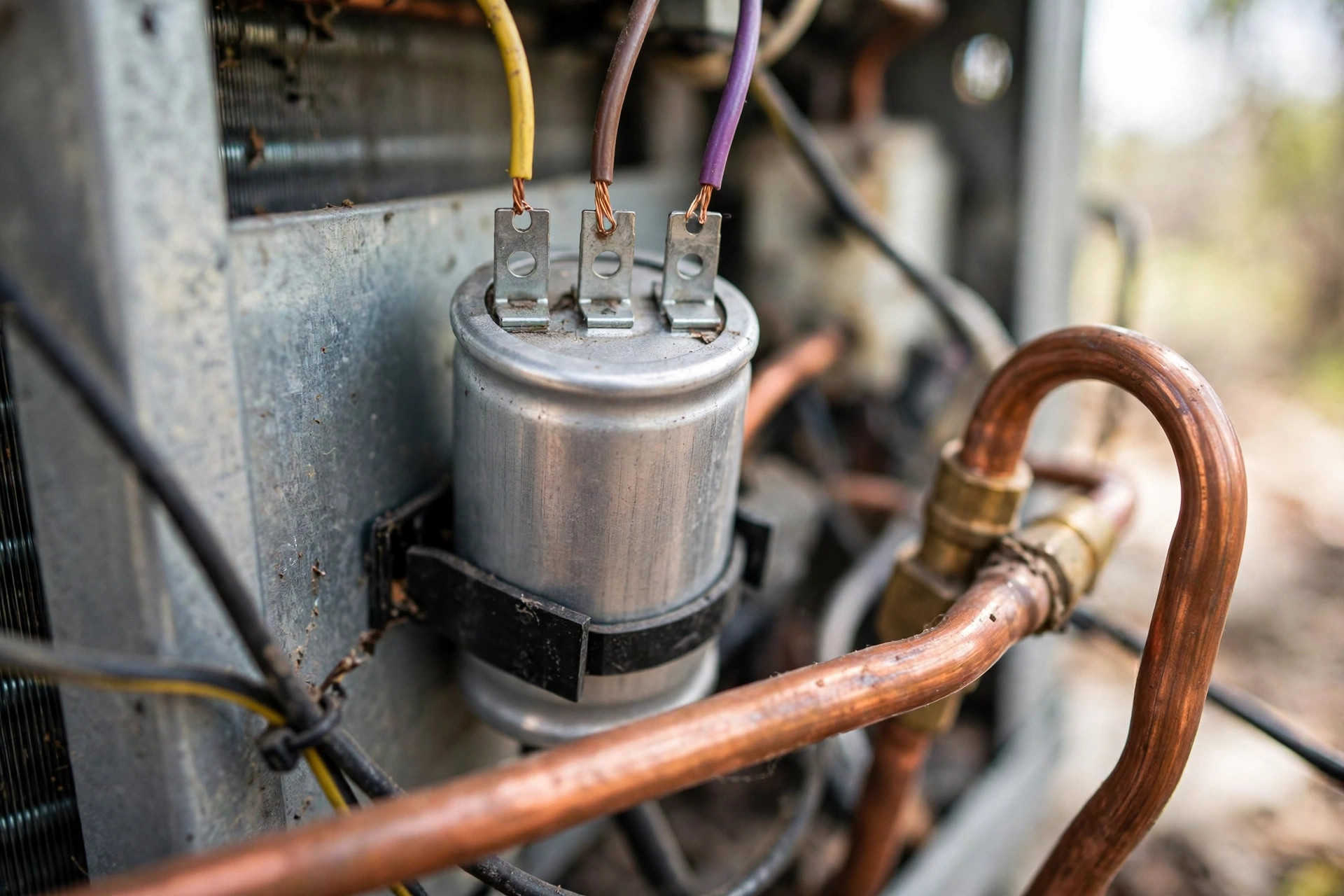 Close-up of a dual-run capacitor and copper refrigerant lines inside an AC condenser