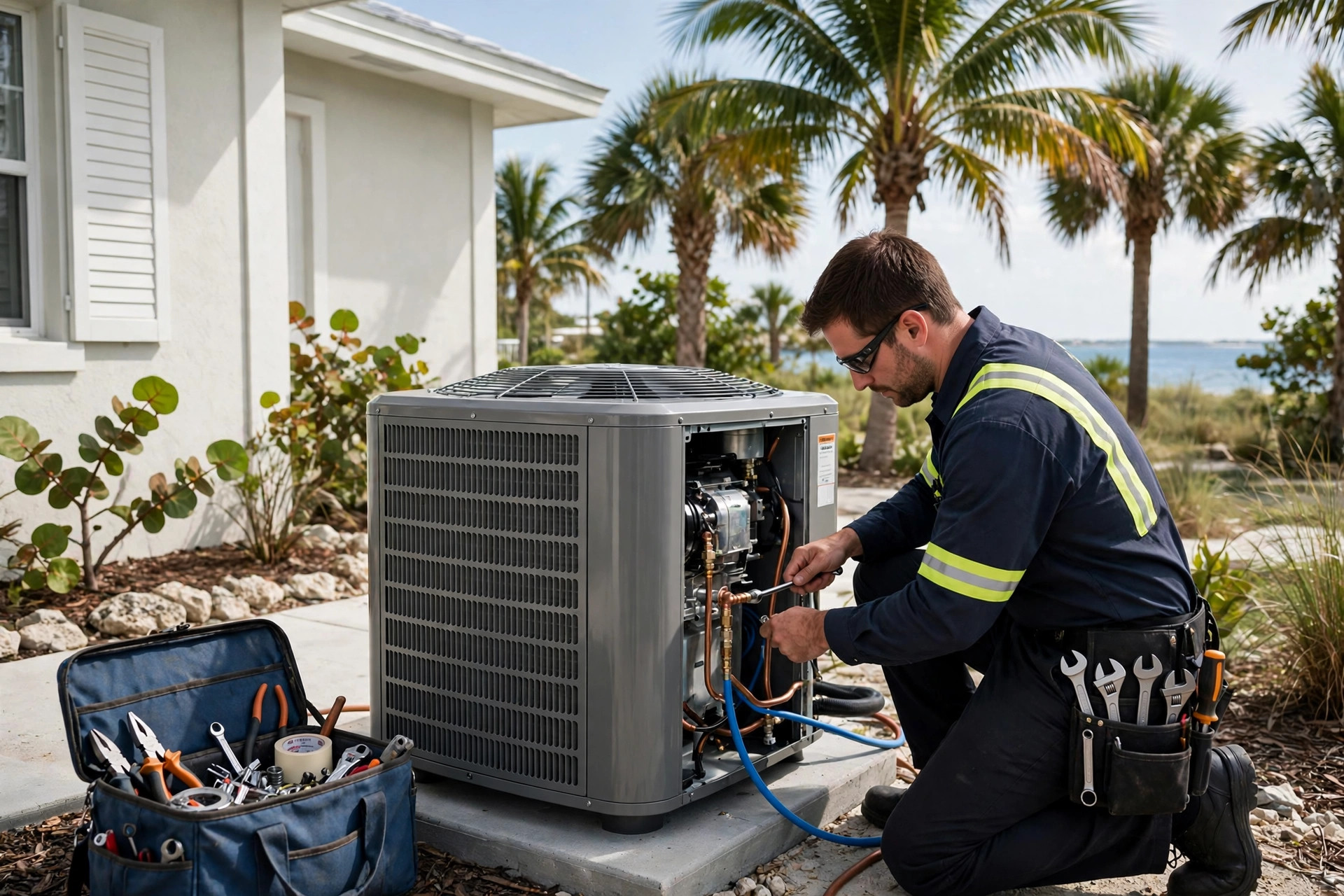 HVAC technician installing a new outdoor AC unit at a Marco Island coastal home