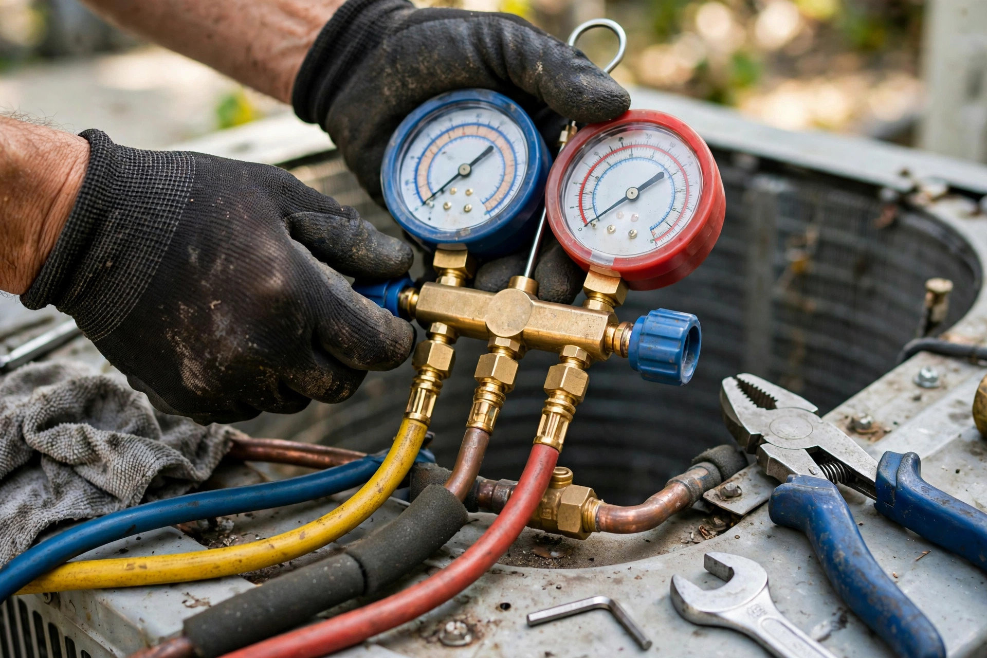 Technician checking refrigerant gauges on an air conditioner