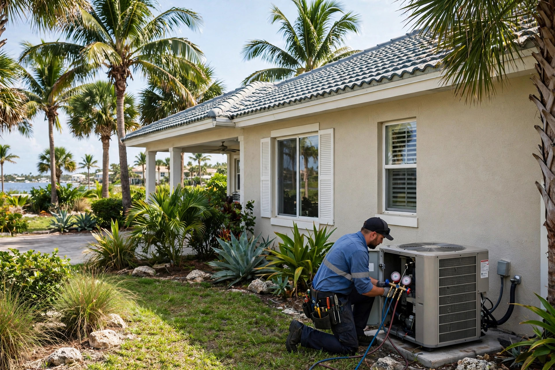 Technician servicing an outdoor AC unit at a Florida coastal home