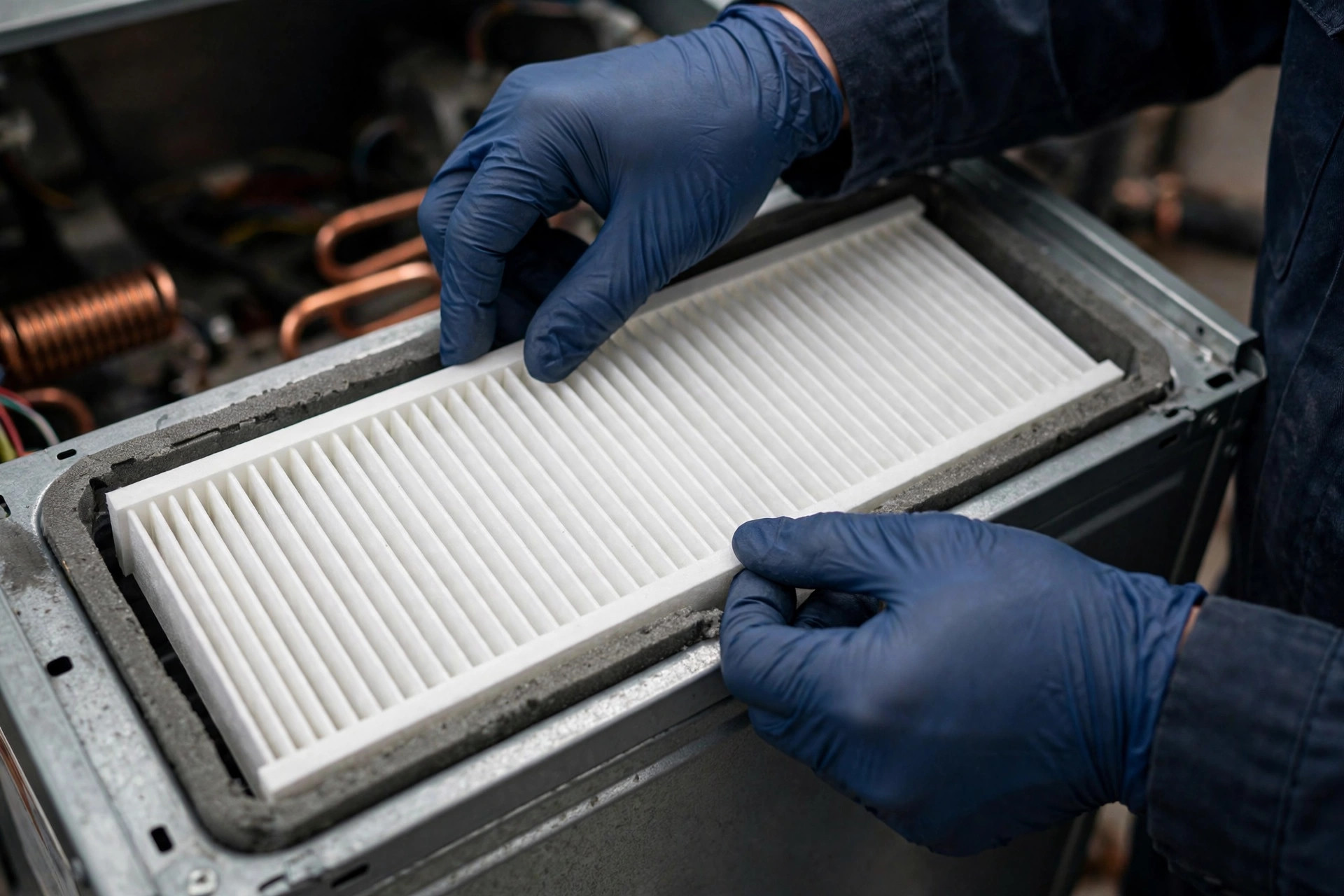 Technician installing a clean pleated air filter