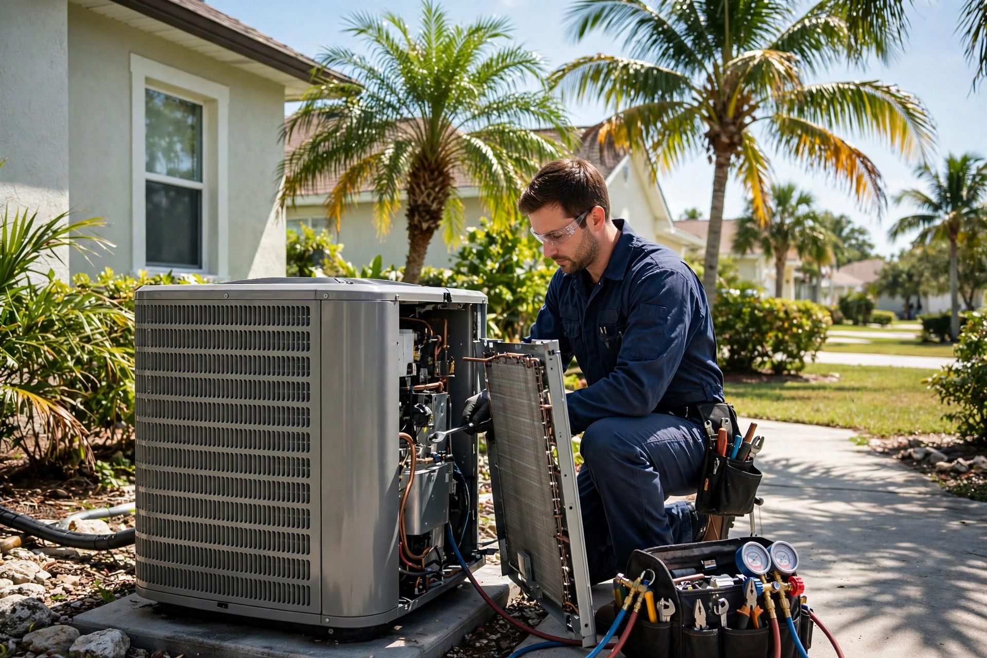 HVAC technician performing seasonal AC maintenance on an outdoor condenser in Marco Island, FL