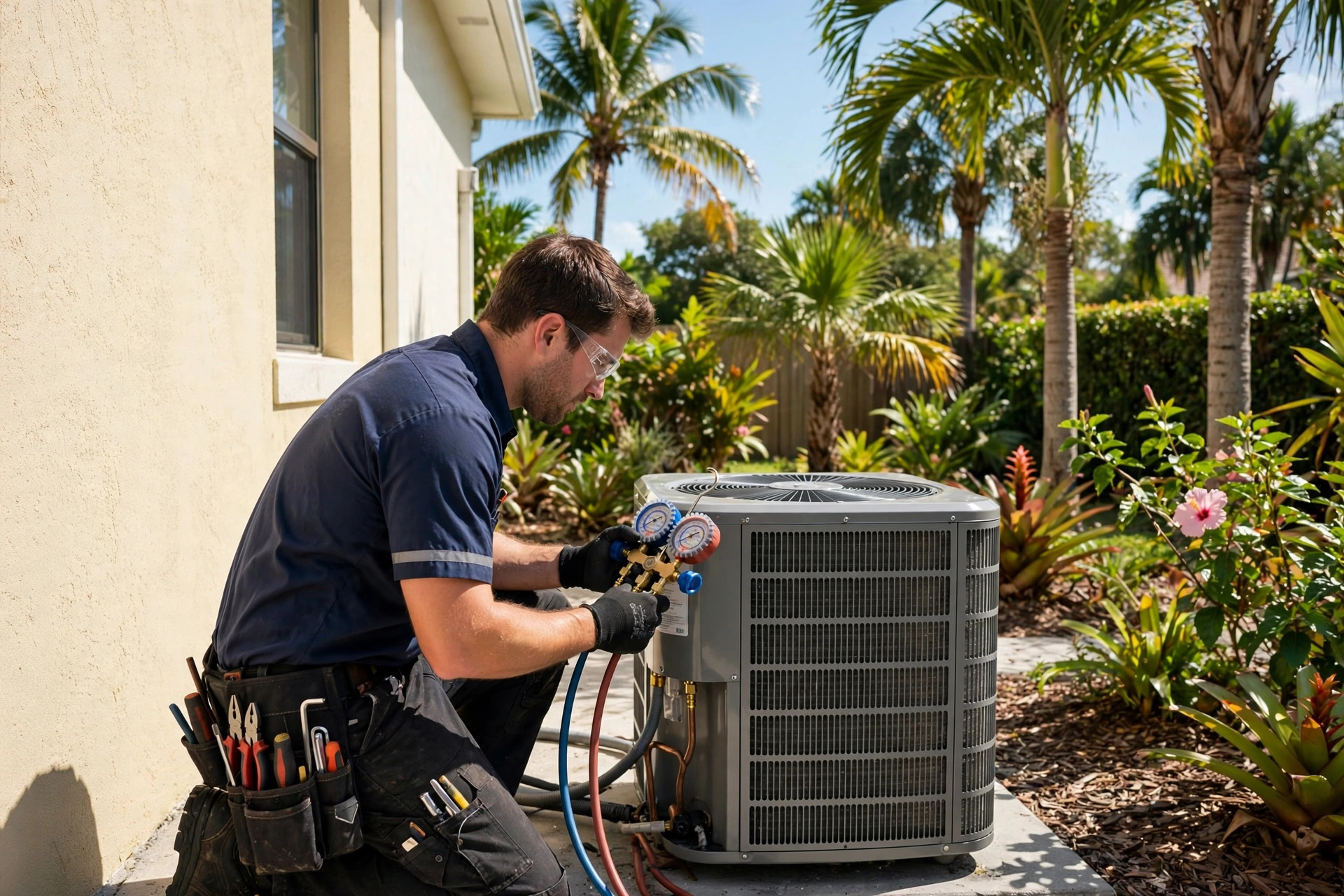 HVAC technician checking refrigerant on an outdoor AC condenser unit at a Florida home