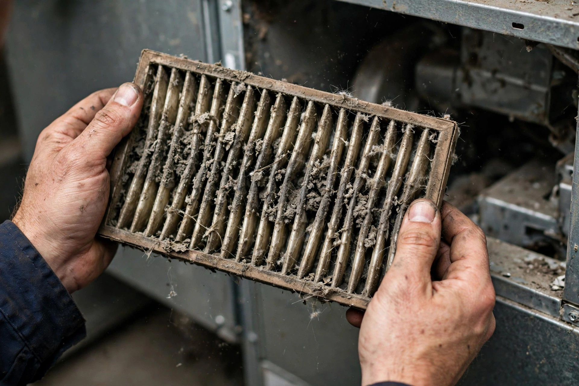 Technician holding a clogged, dust-packed AC air filter