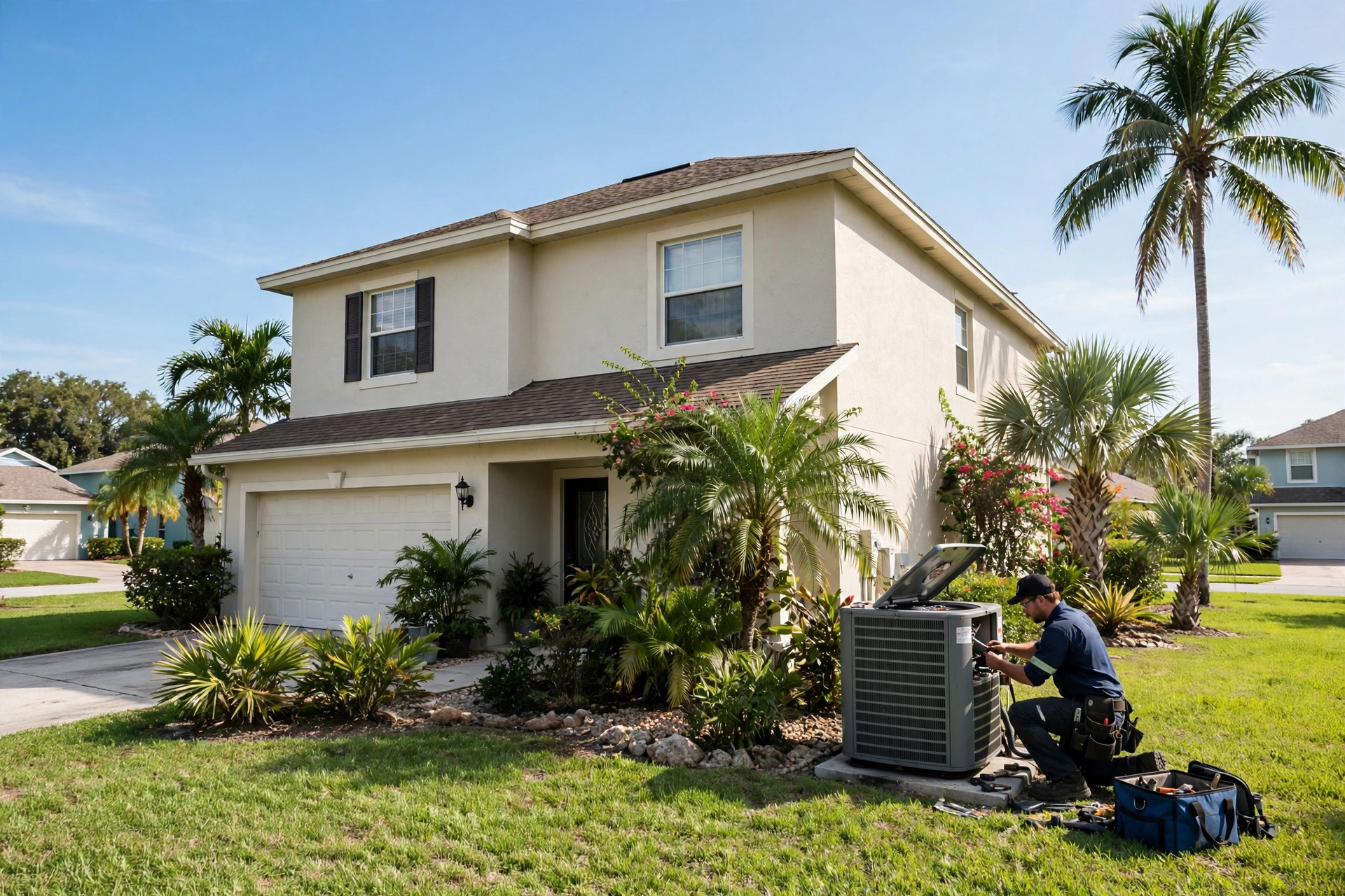 Technician servicing an outdoor condenser unit at a Florida home