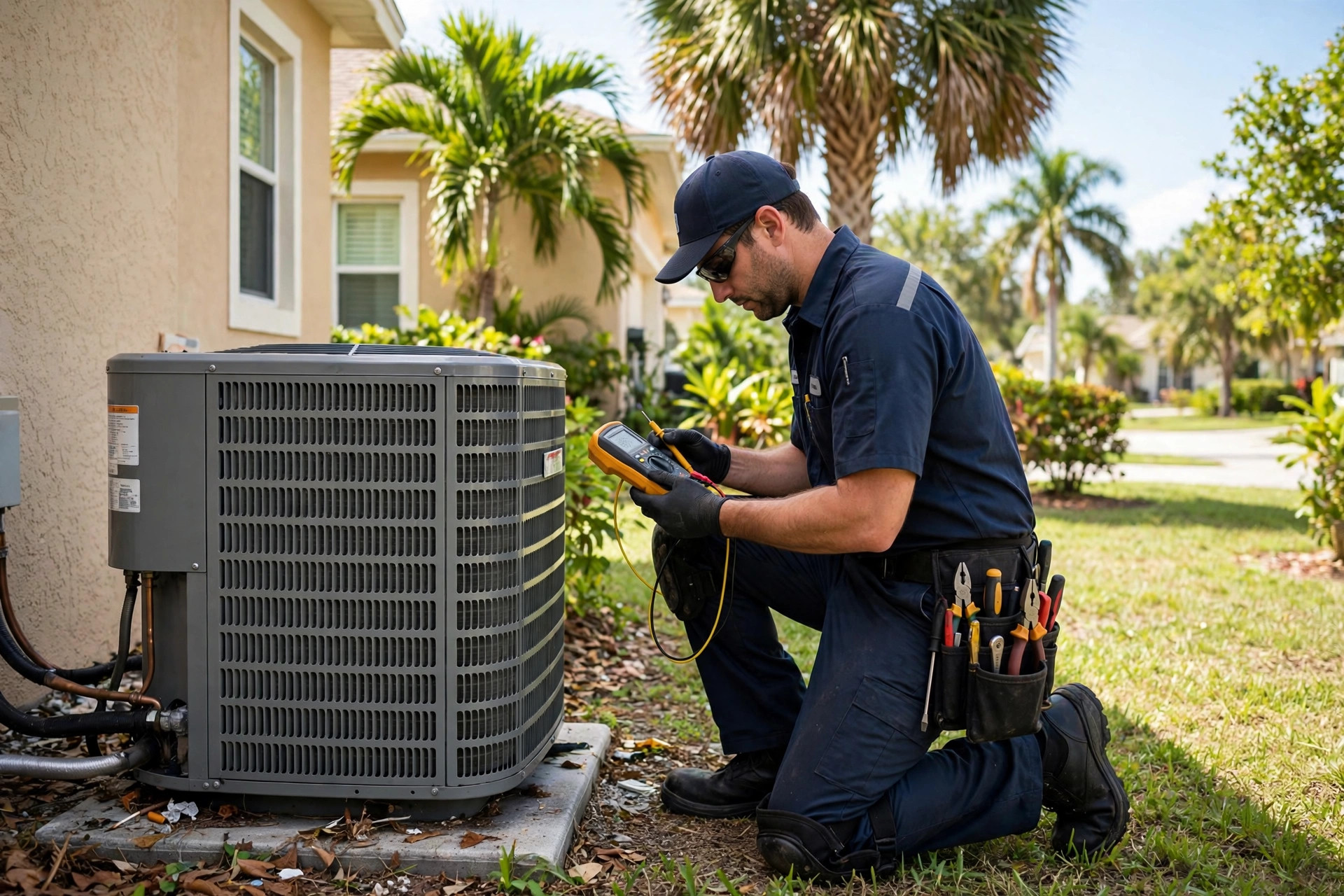 HVAC technician testing an outdoor AC condenser at a Marco Island, Florida home