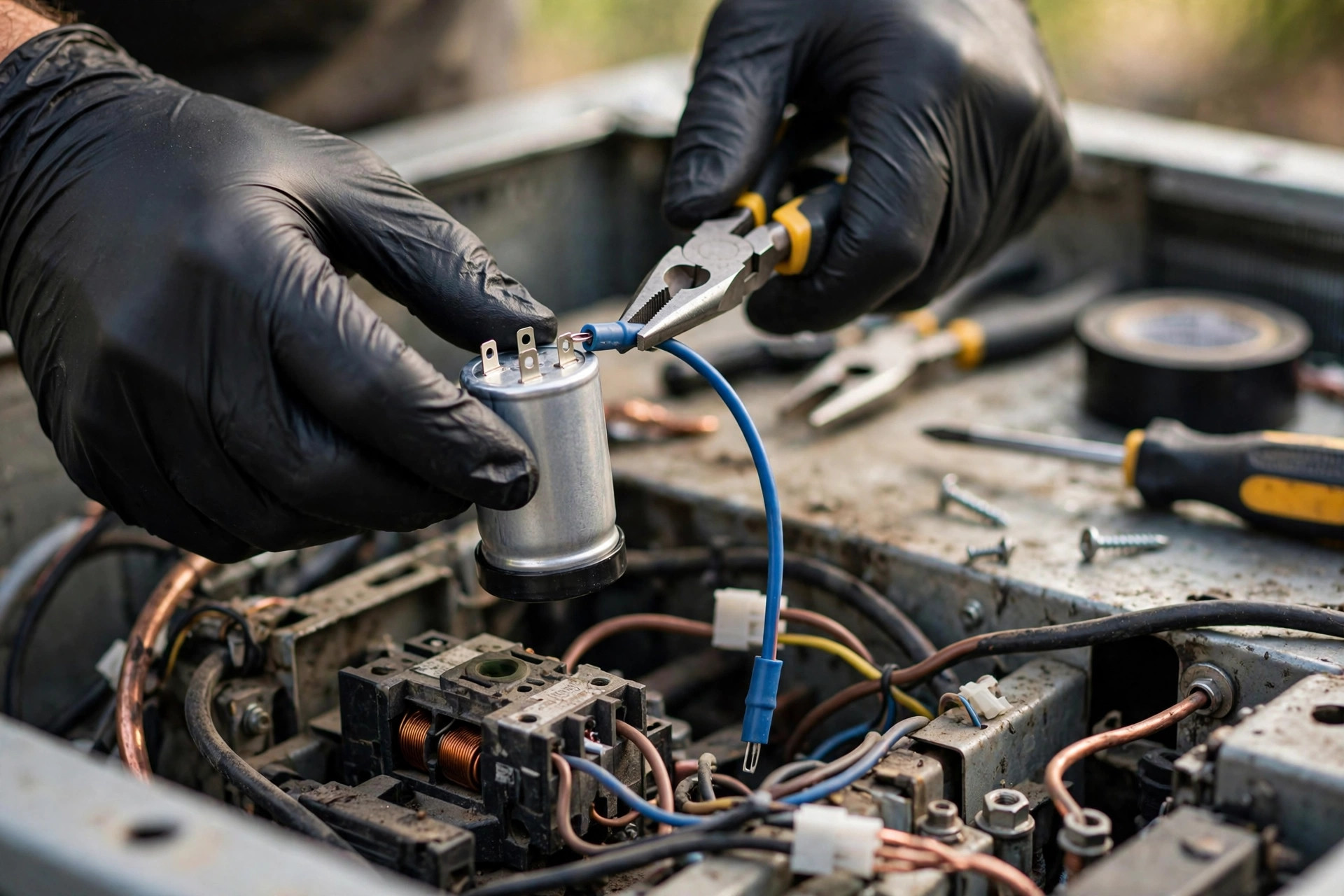 Close-up of a technician replacing a run capacitor inside an AC condenser unit