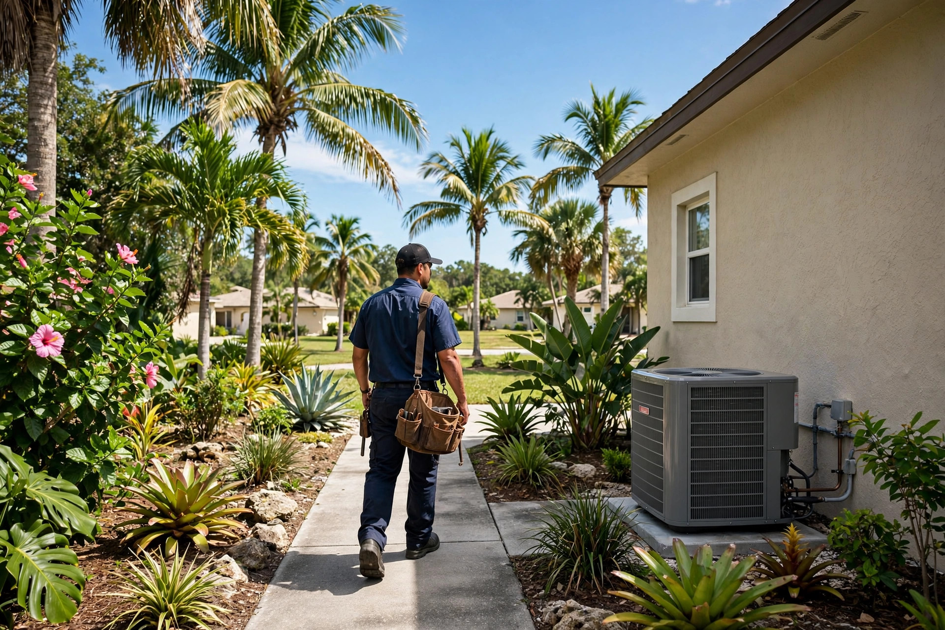 HVAC technician walking to service an outdoor AC unit at a Florida home surrounded by palm trees