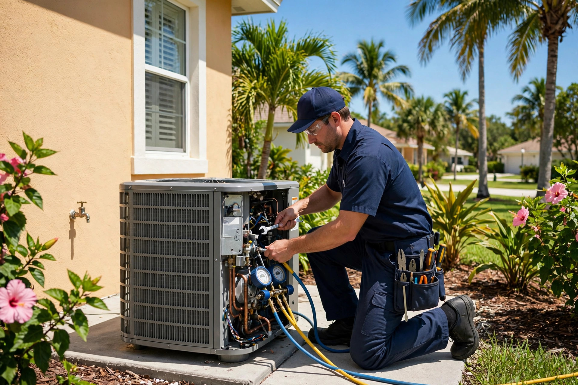 HVAC technician servicing an outdoor air conditioner at a Florida home