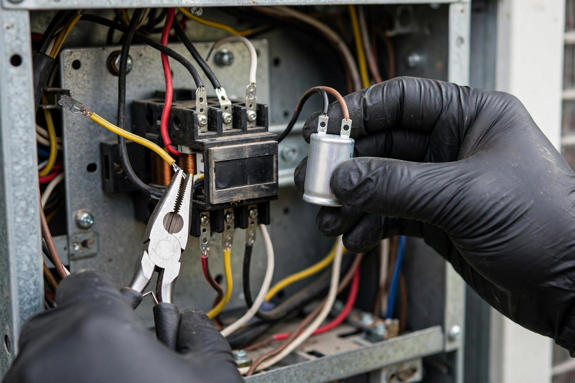 Technician replacing a capacitor and inspecting the contactor inside an AC electrical panel