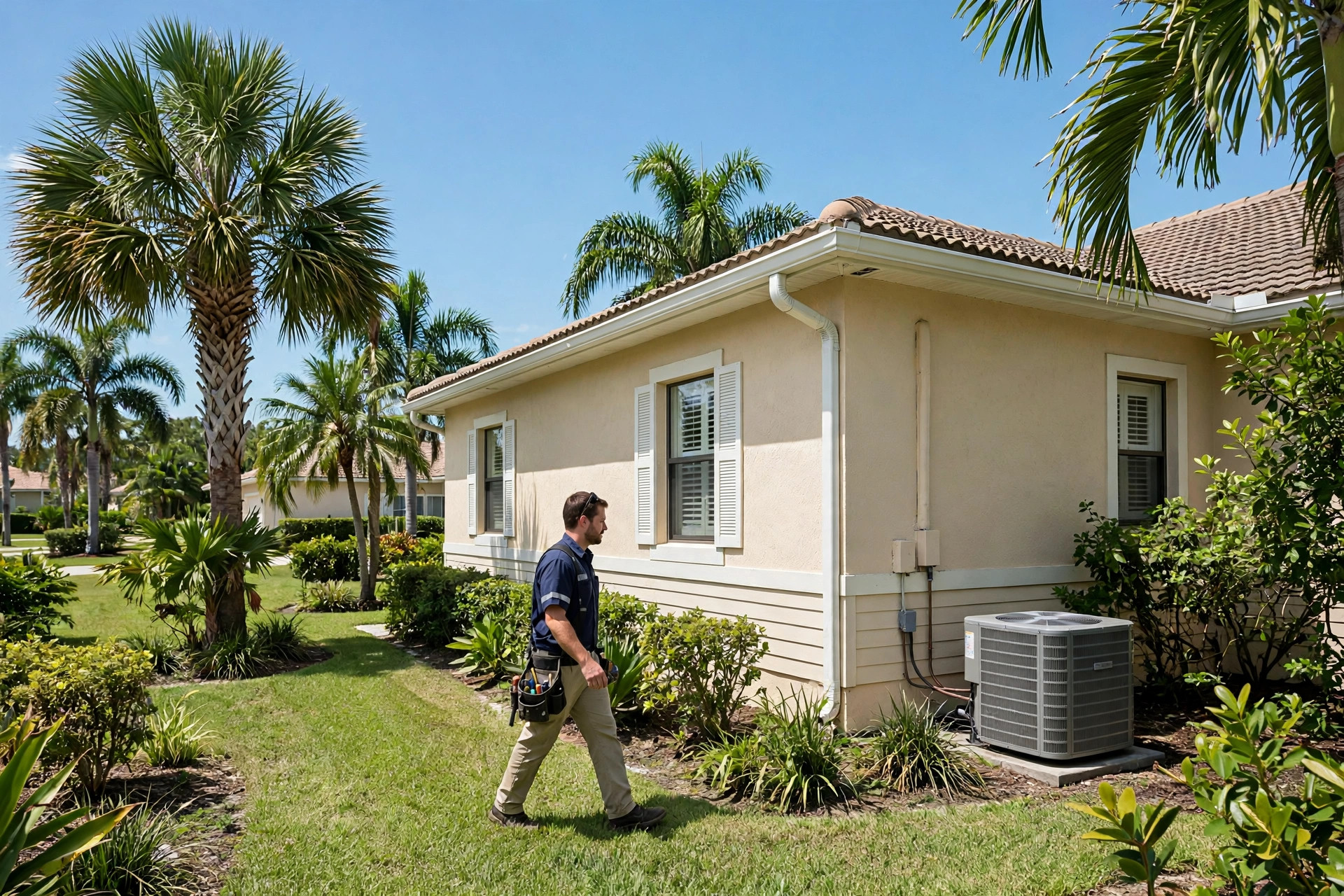 HVAC technician approaching an outdoor condenser unit at a Florida home