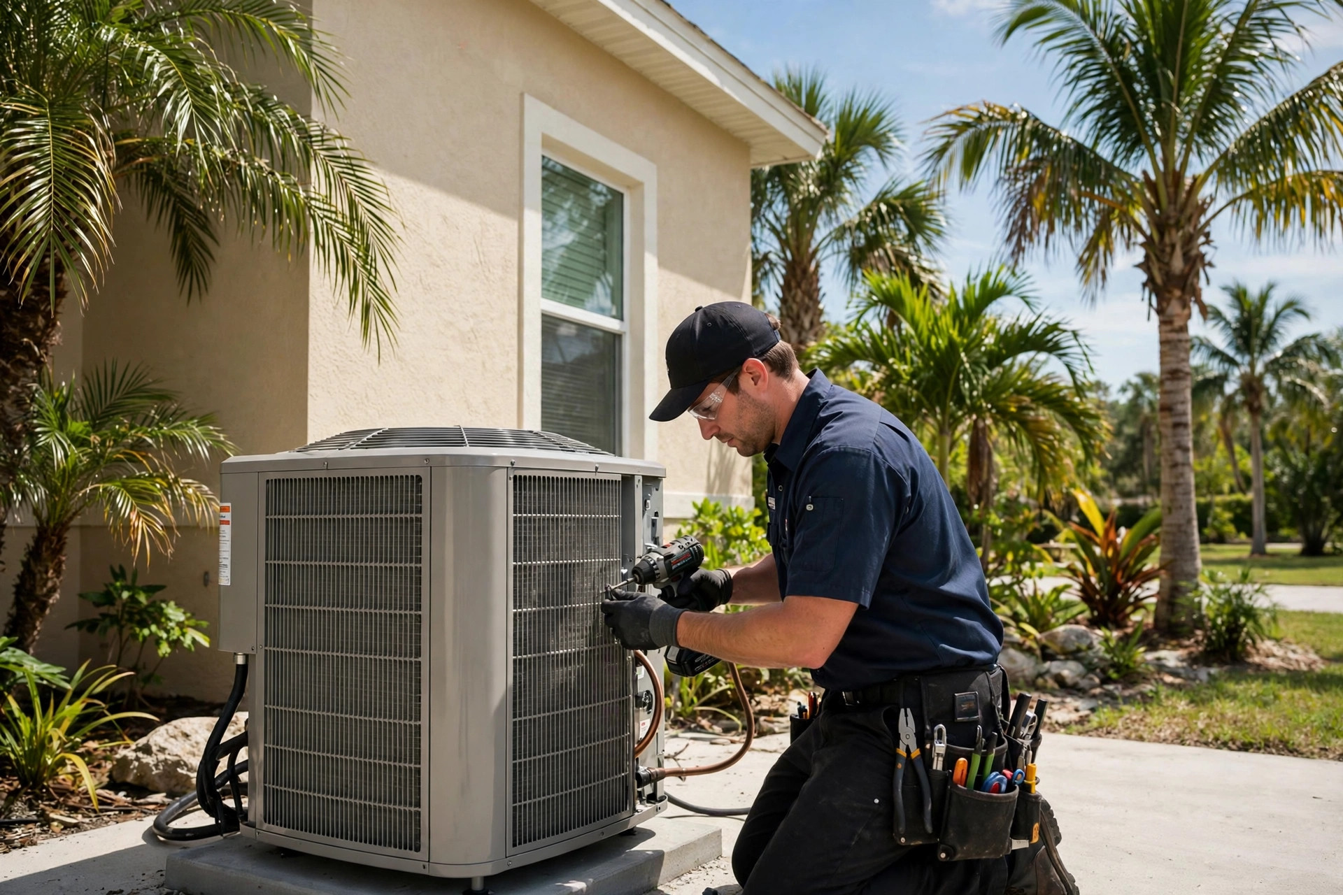HVAC technician working on an outdoor AC condenser at a Florida home