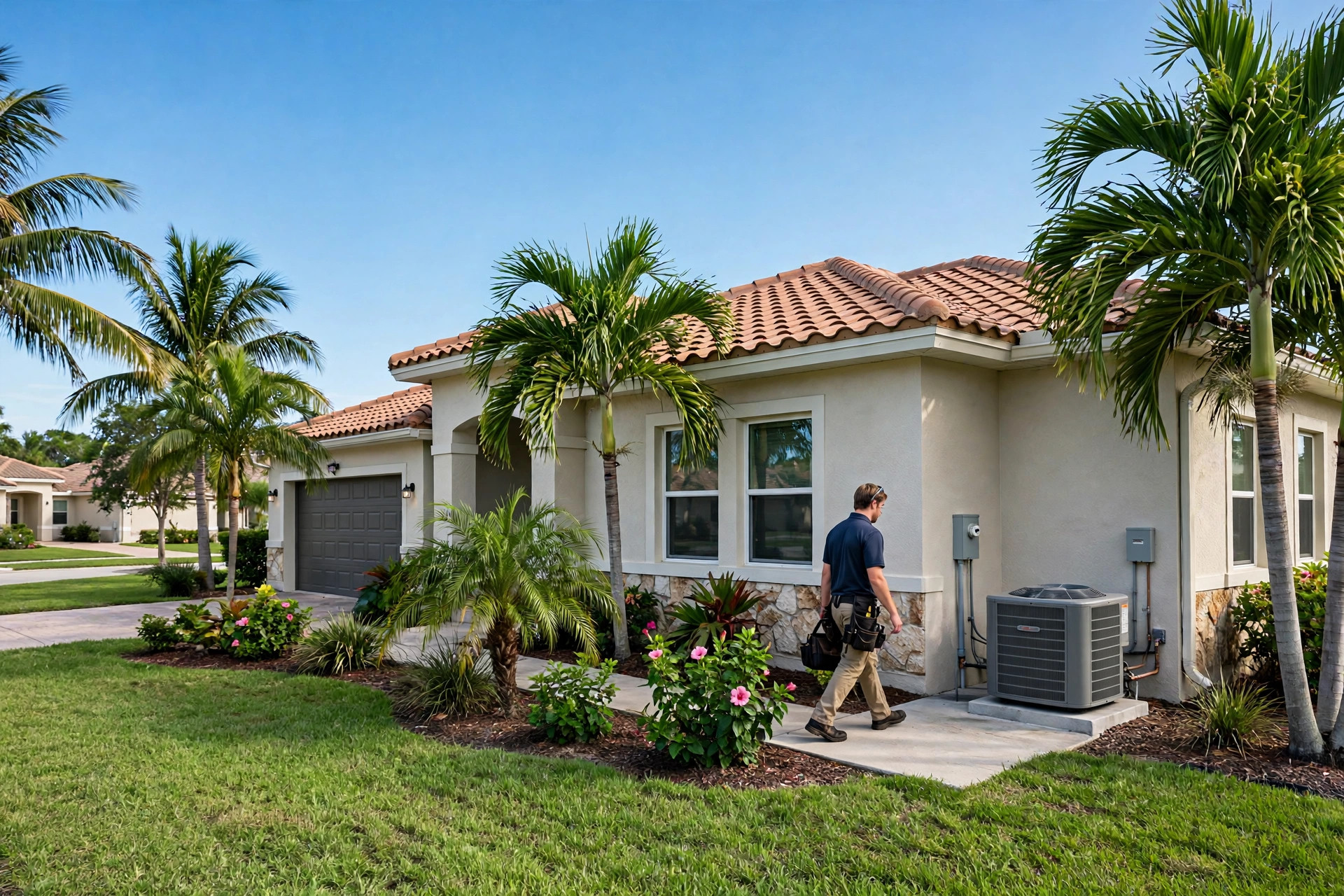 HVAC technician arriving at a Florida home