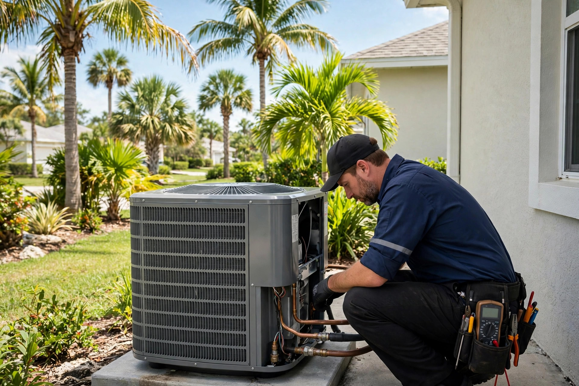 HVAC technician inspecting an outdoor air conditioner condenser at a Florida home