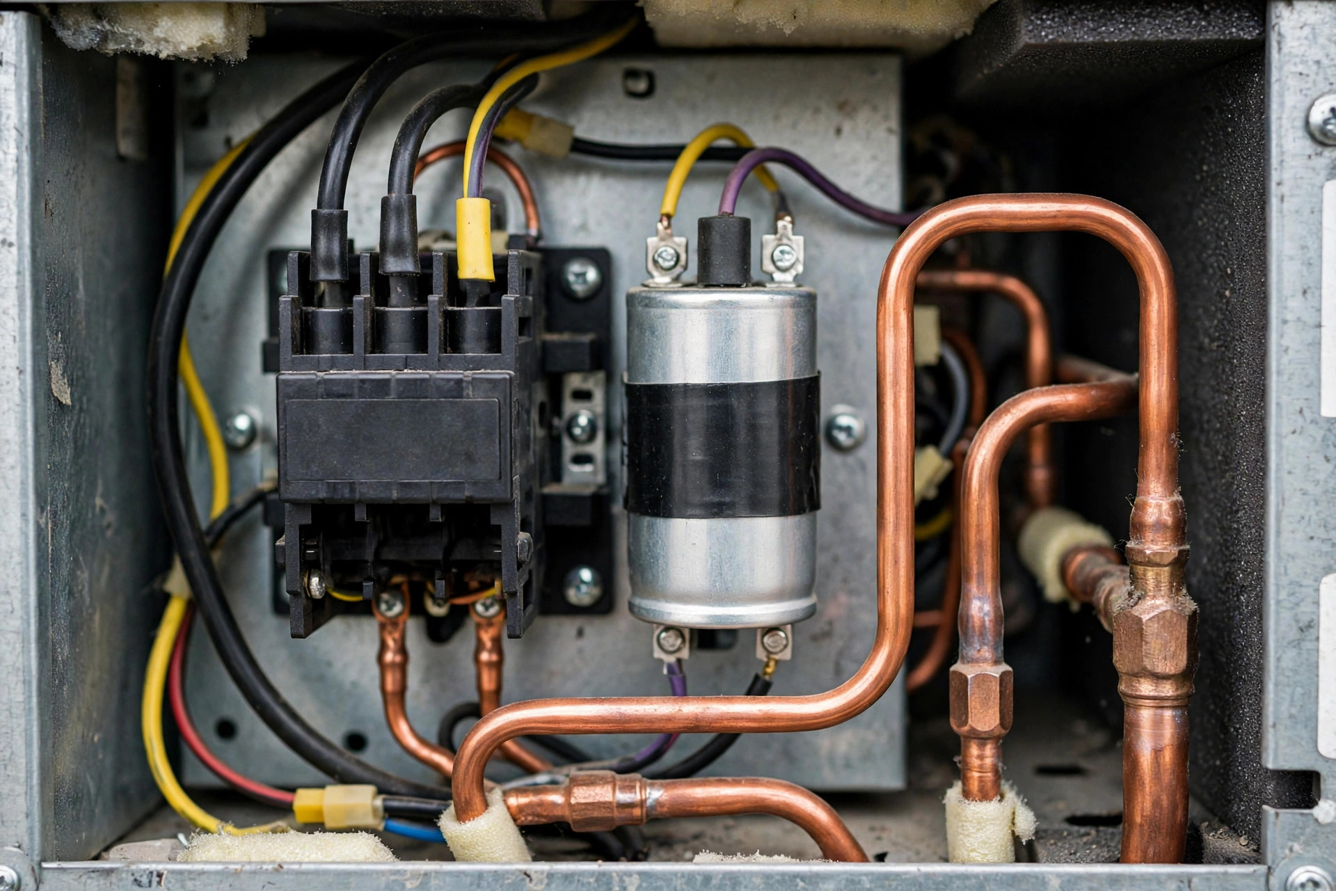 Contactor, capacitor and copper refrigerant lines inside an AC unit