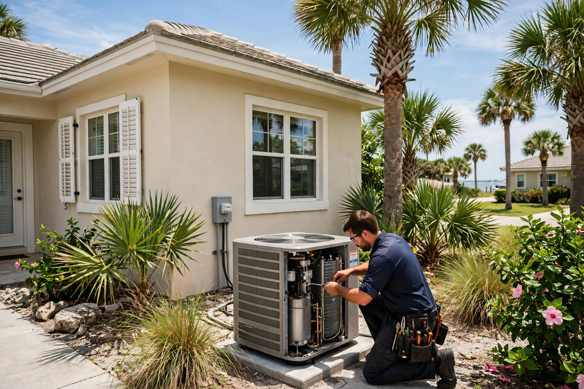 HVAC technician servicing an outdoor AC unit at a coastal Florida home