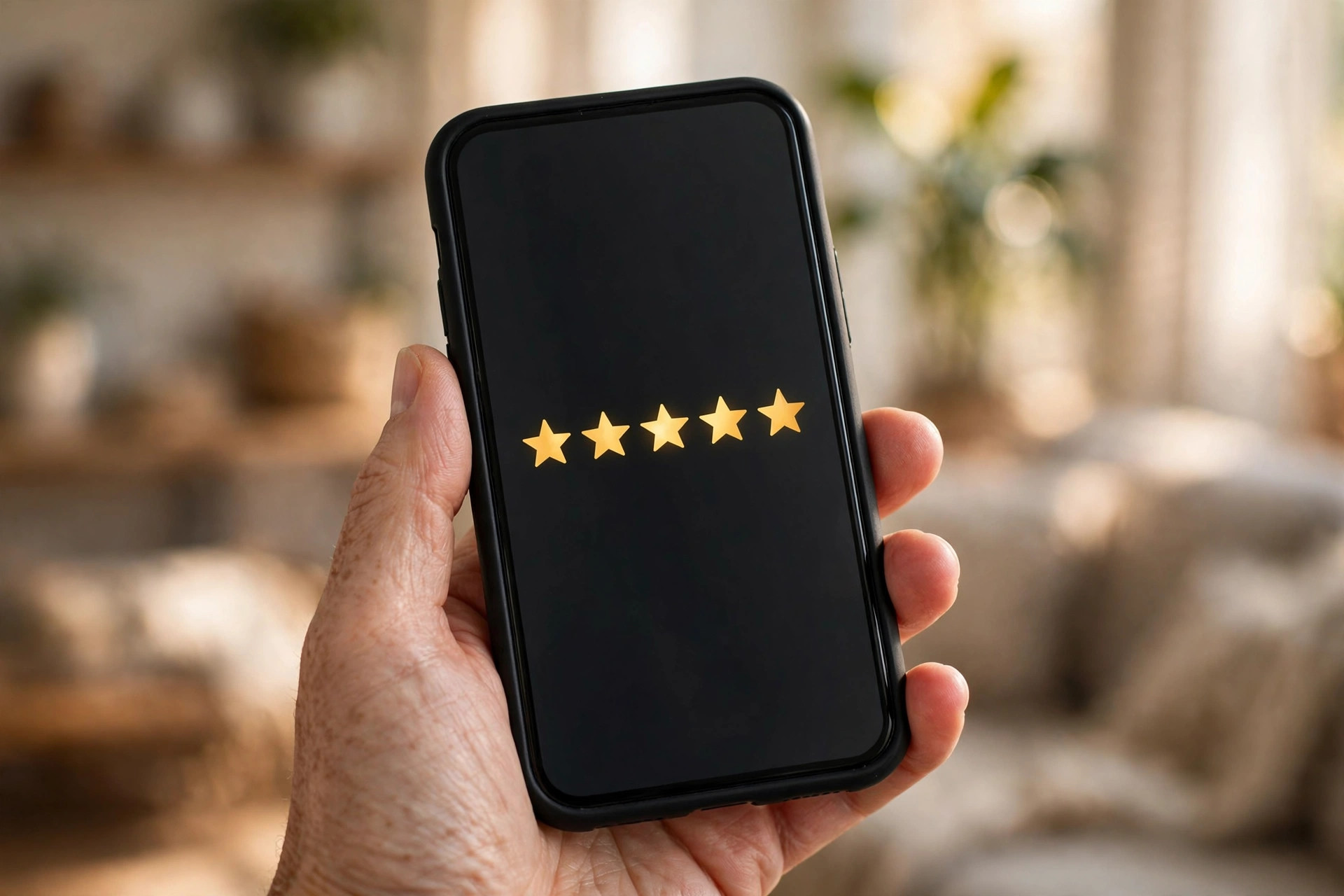 Homeowner checking a five-star review rating on a smartphone