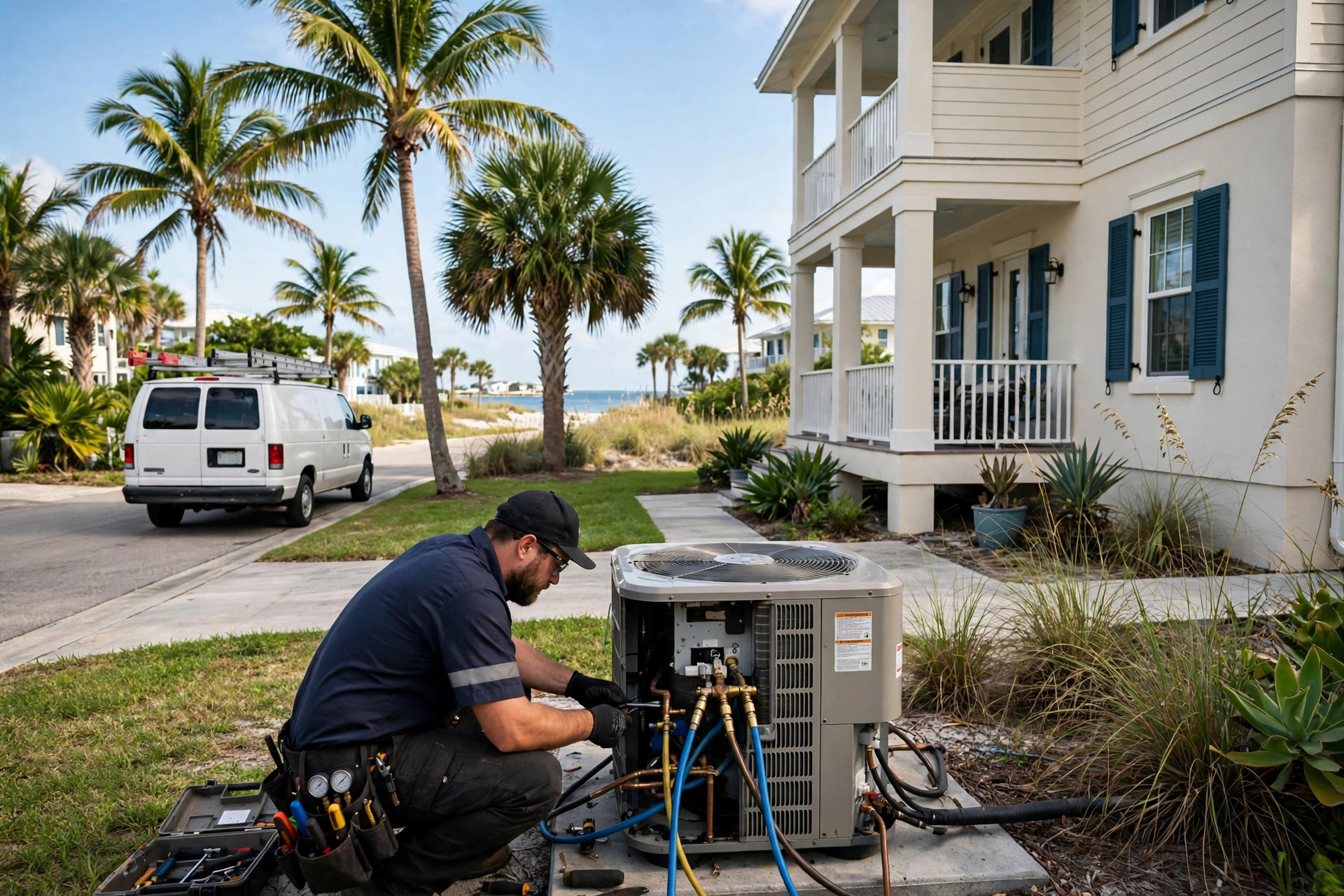 HVAC technician servicing an outdoor AC unit at a Marco Island coastal home