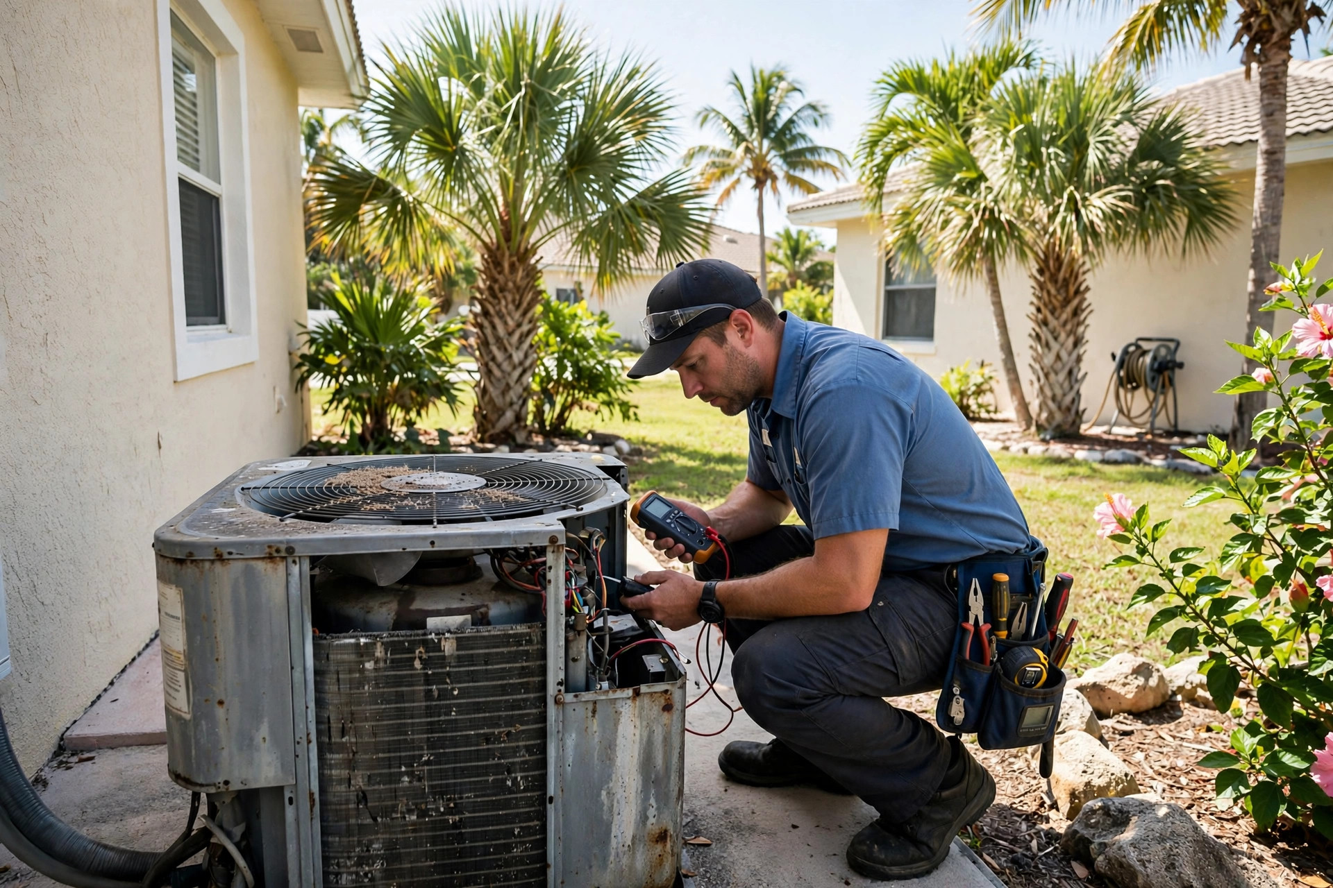 HVAC technician testing an aging outdoor AC condenser at a Marco Island, Florida home with palm trees