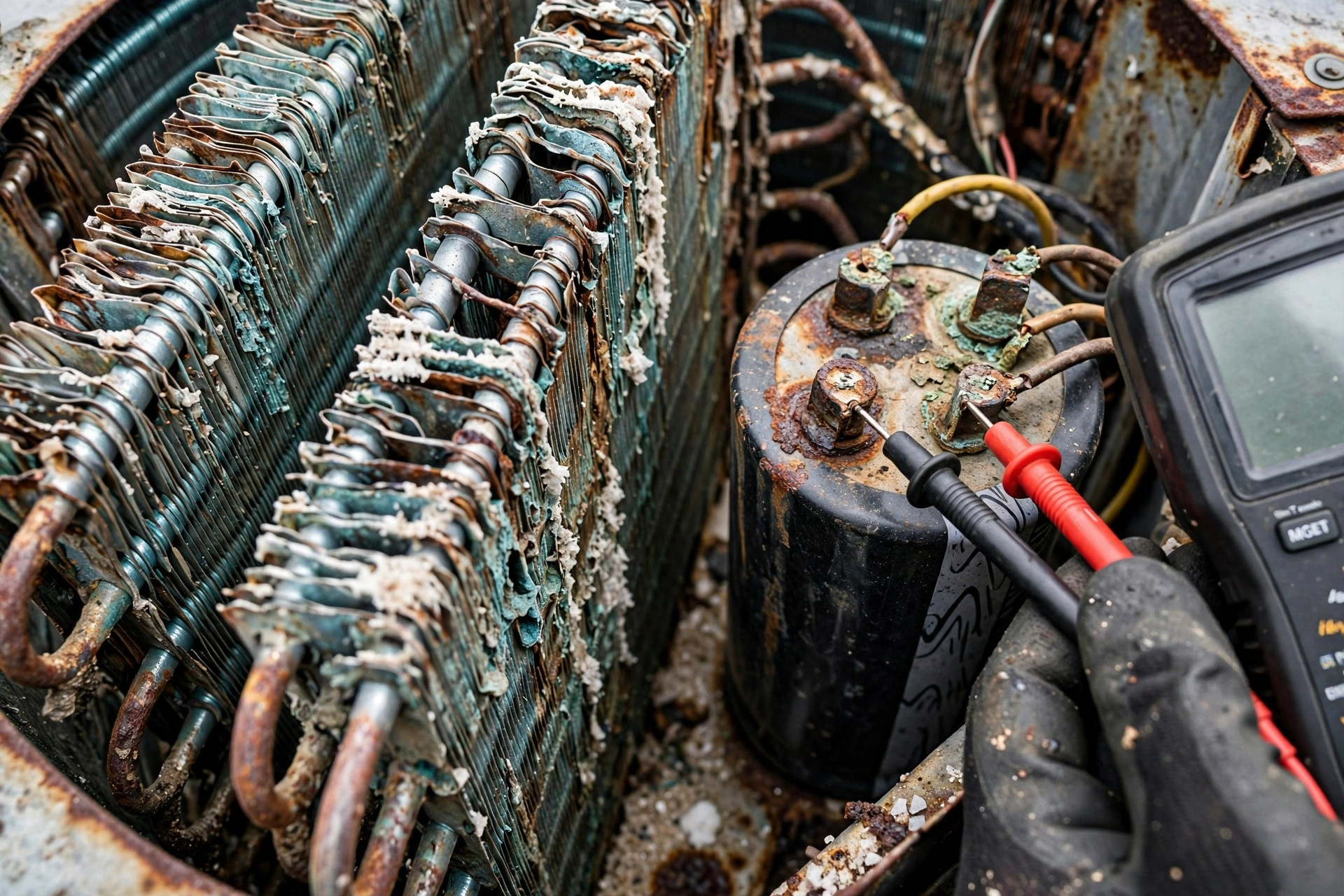 Close-up of corroded condenser coils and a capacitor being tested with a multimeter inside an aging AC unit