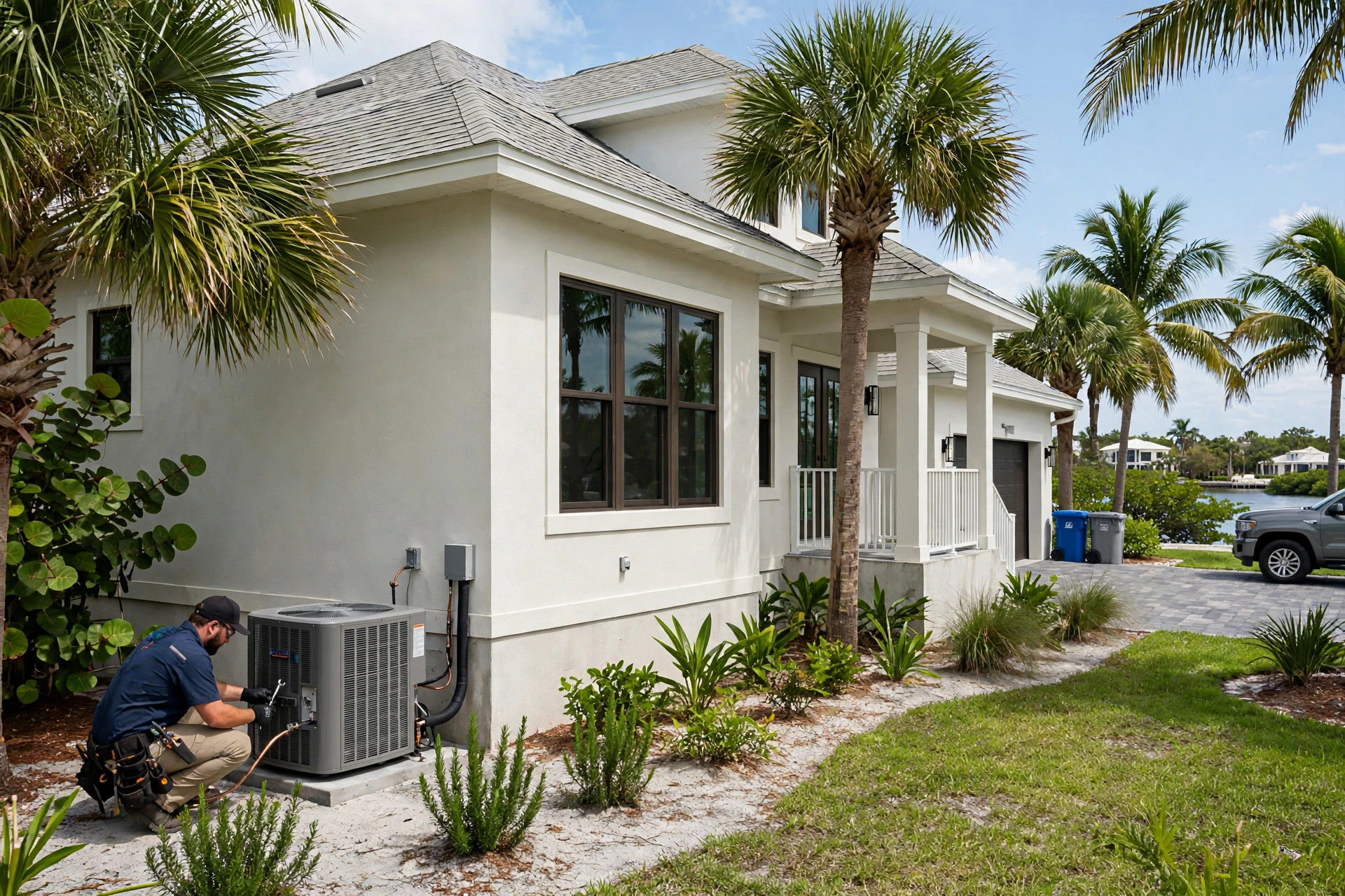 Technician servicing a new outdoor AC condenser at a Marco Island waterfront home with palm trees