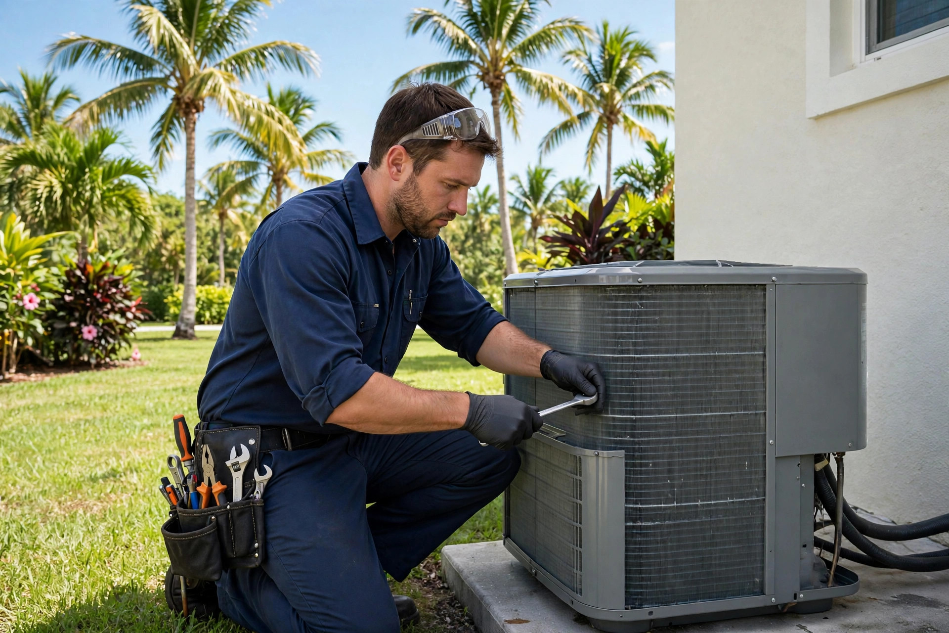 HVAC technician servicing an outdoor AC condenser at a Marco Island, Florida home
