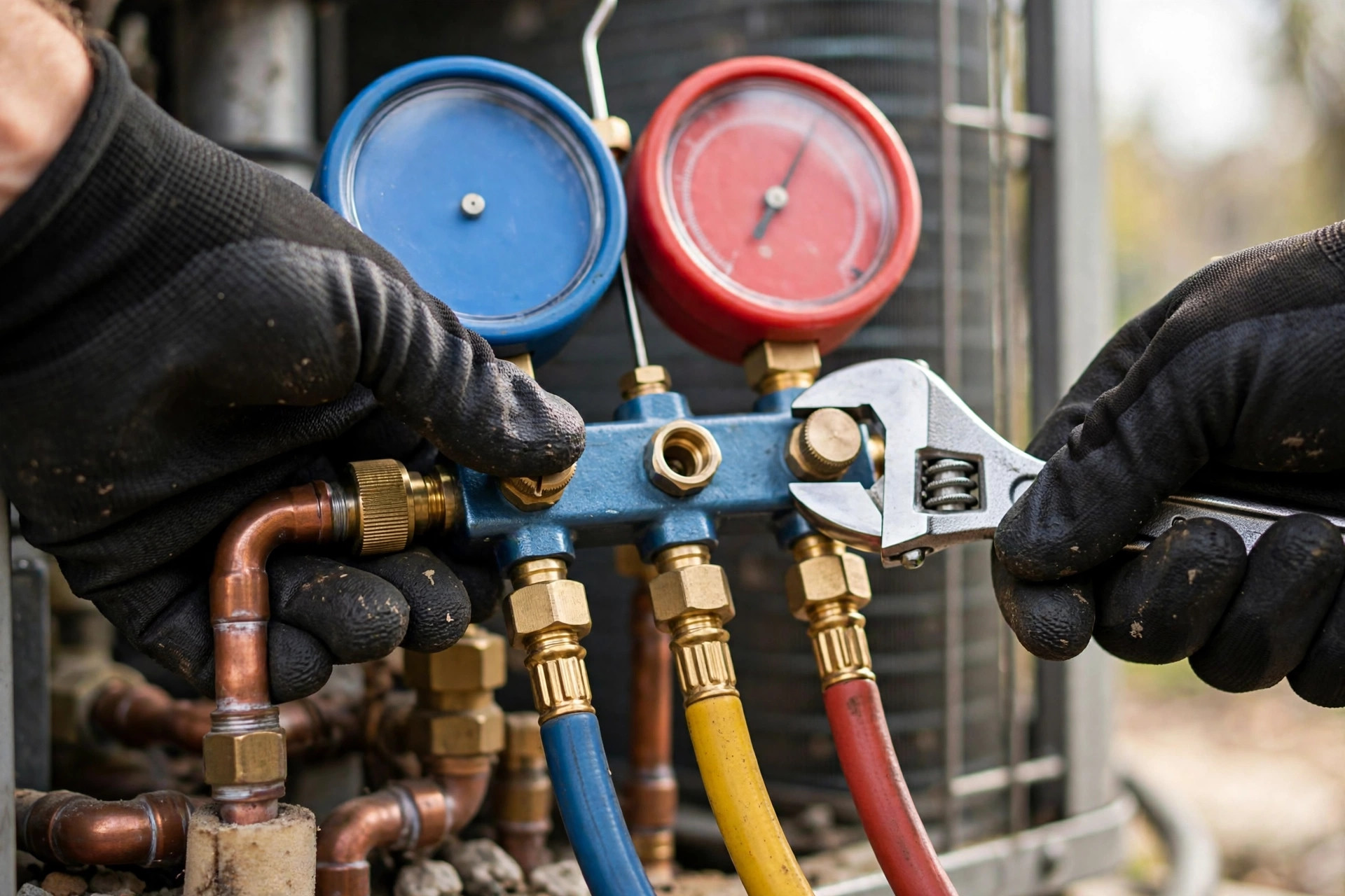 Technician checking refrigerant manifold gauges during an AC service visit