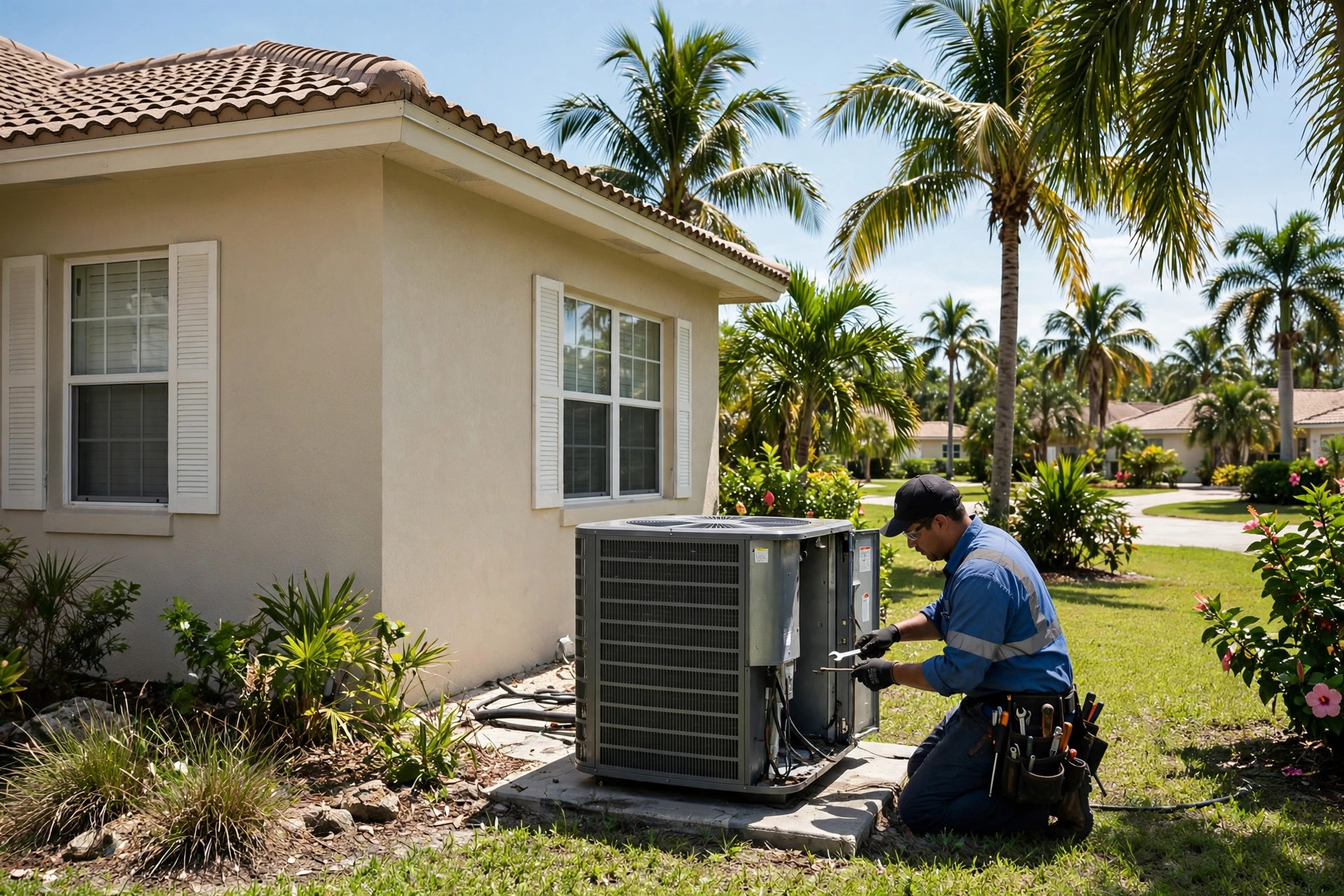 HVAC technician servicing an outdoor condenser beside a Florida home