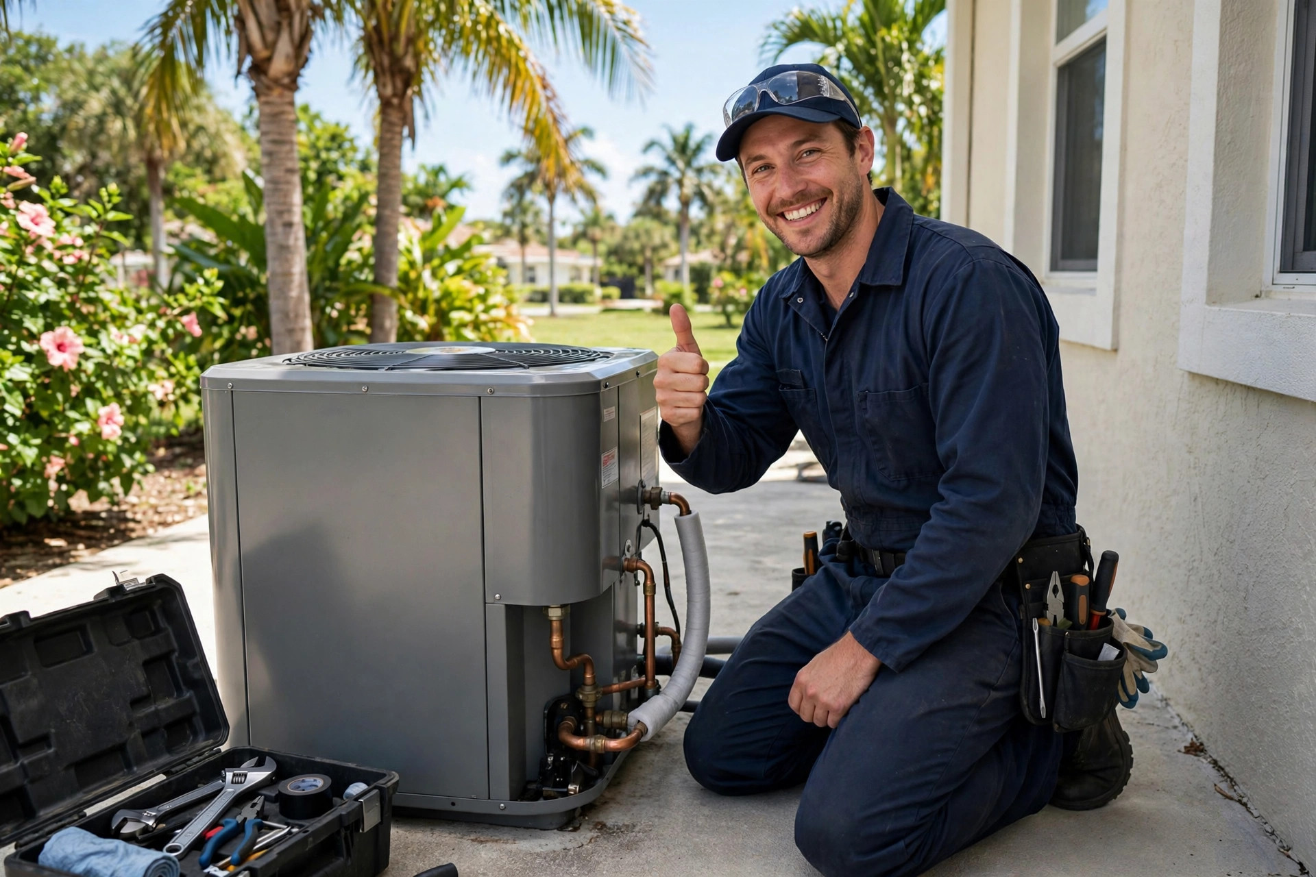 HVAC technician giving a thumbs up beside a repaired outdoor AC unit at a Marco Island, FL home
