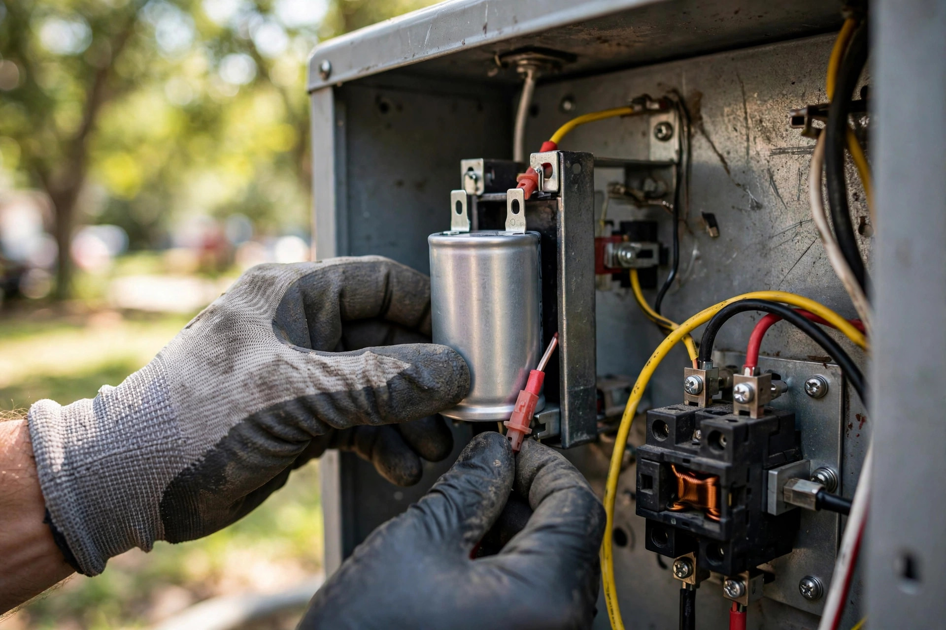 Technician installing a new capacitor in an AC condenser electrical panel