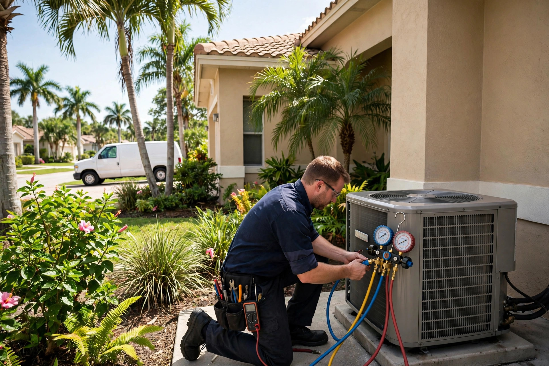 HVAC technician checking refrigerant pressures on an outdoor condenser in Marco Island