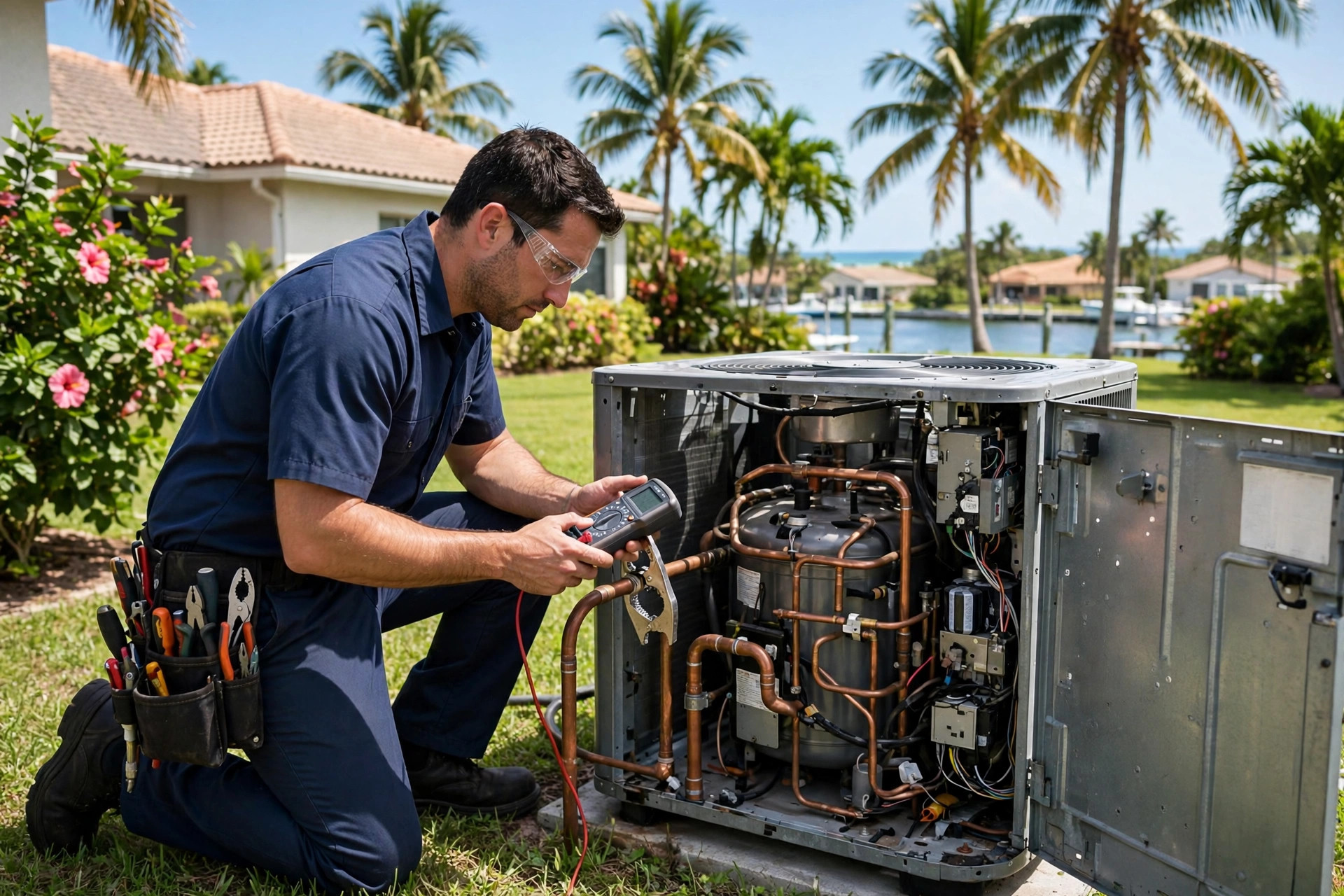 HVAC technician testing an air conditioner compressor with a multimeter at a Marco Island FL home