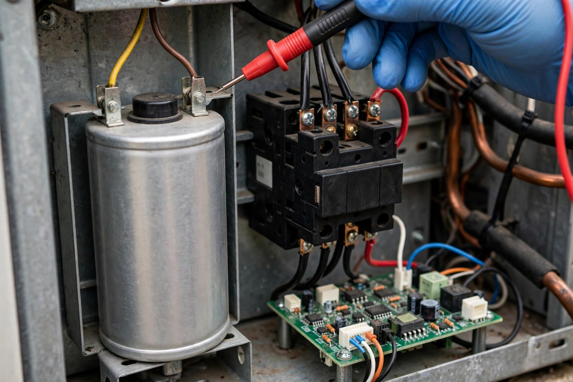 Close-up of an AC capacitor, contactor, and control board inside an outdoor unit