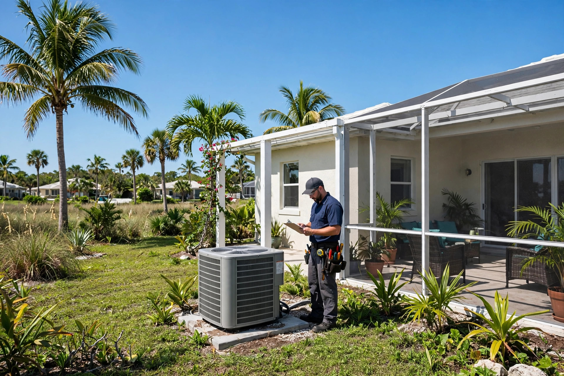 HVAC technician evaluating an outdoor condenser unit at a Marco Island home