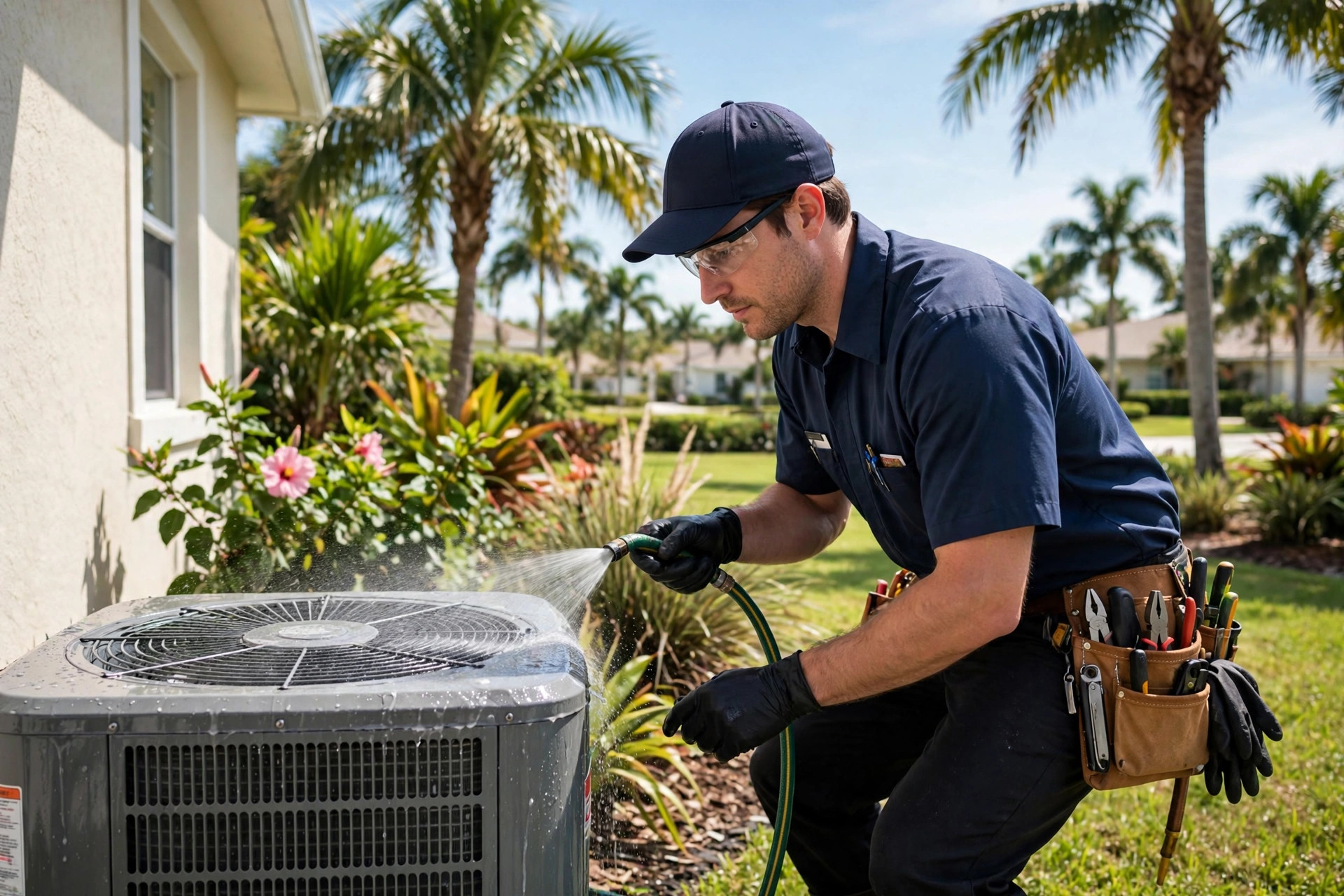 HVAC technician rinsing an outdoor AC condenser unit at a Florida home with palm trees