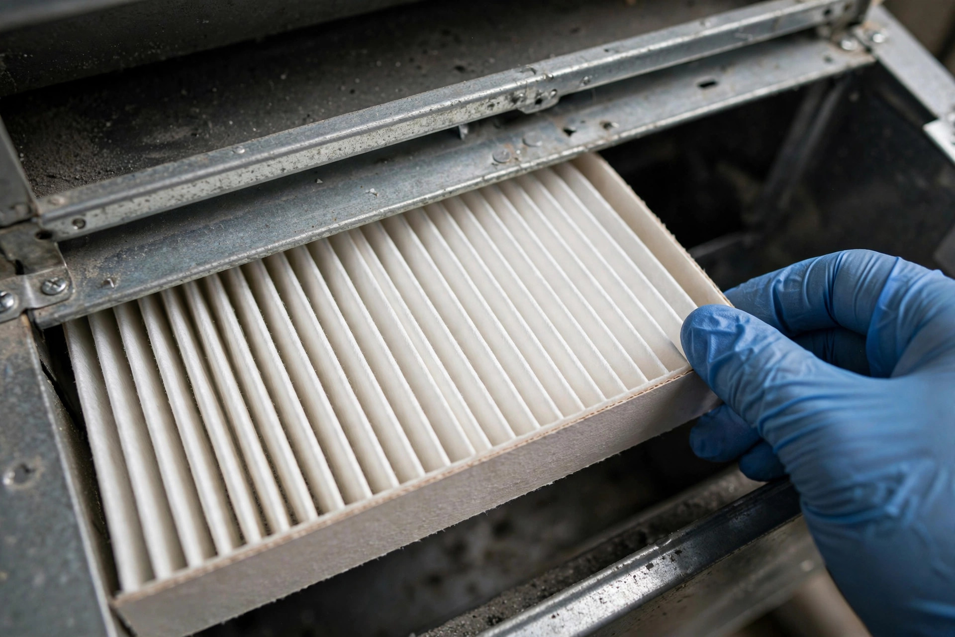 Close-up of a clean pleated air filter being slid into an indoor air handler