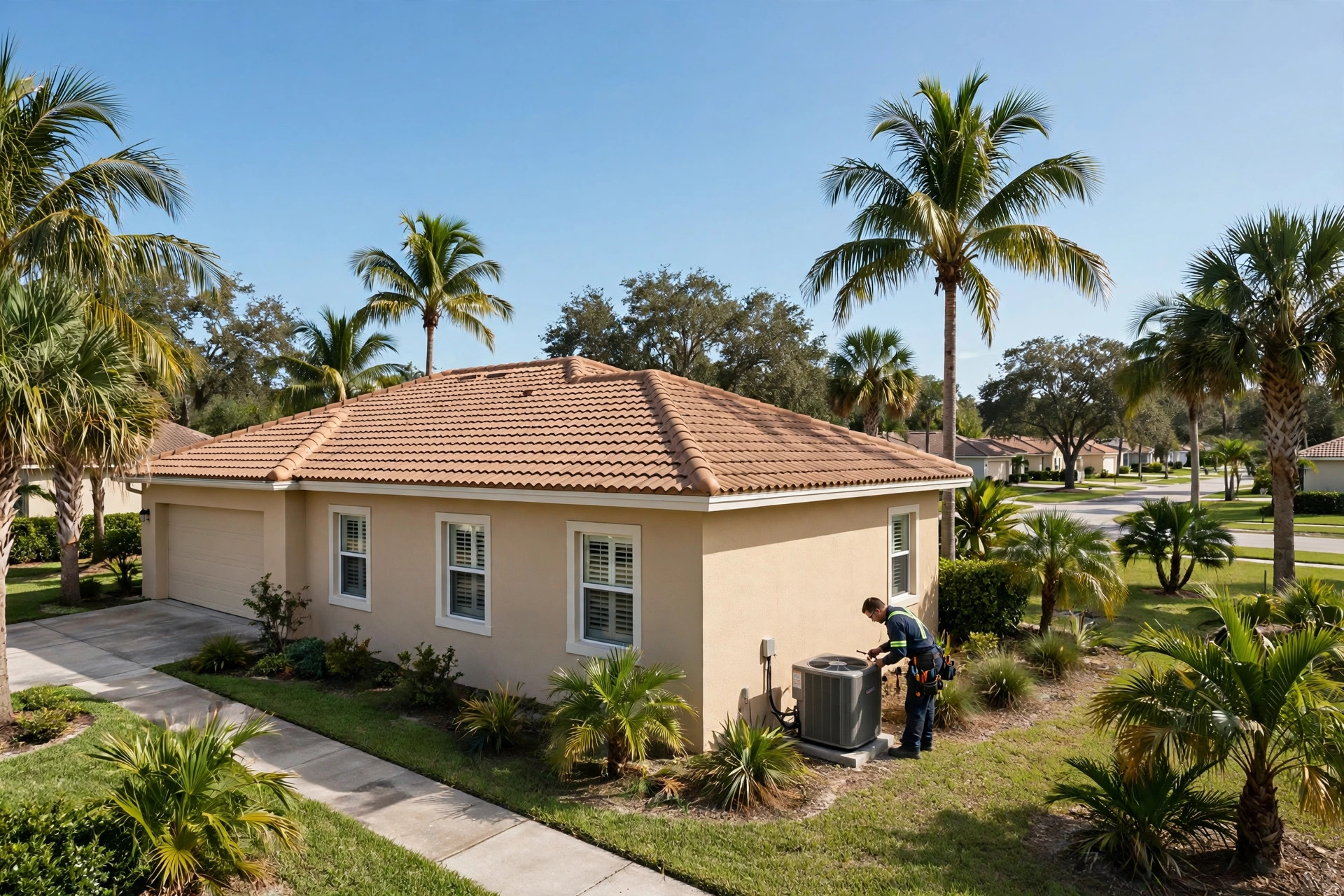 Florida home with a technician checking the outdoor AC unit beside the house
