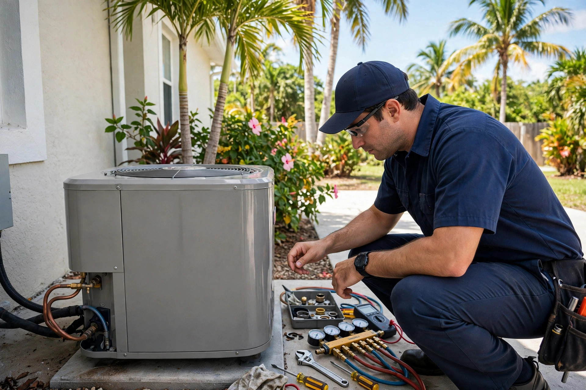 HVAC technician diagnosing an outdoor AC condenser at a Marco Island, Florida home with palm trees
