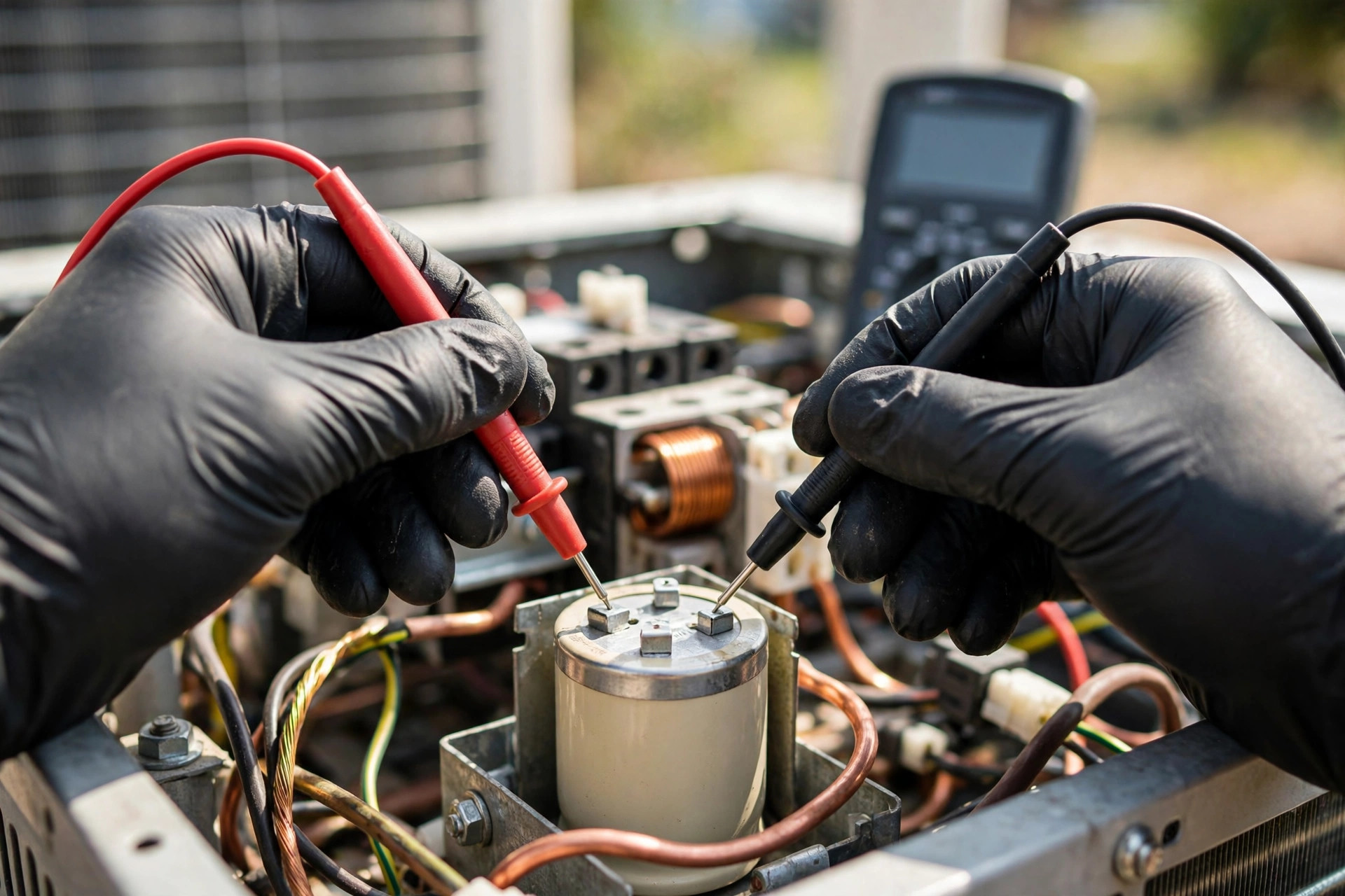 Close-up of a technician testing an AC capacitor with a digital multimeter inside an outdoor unit