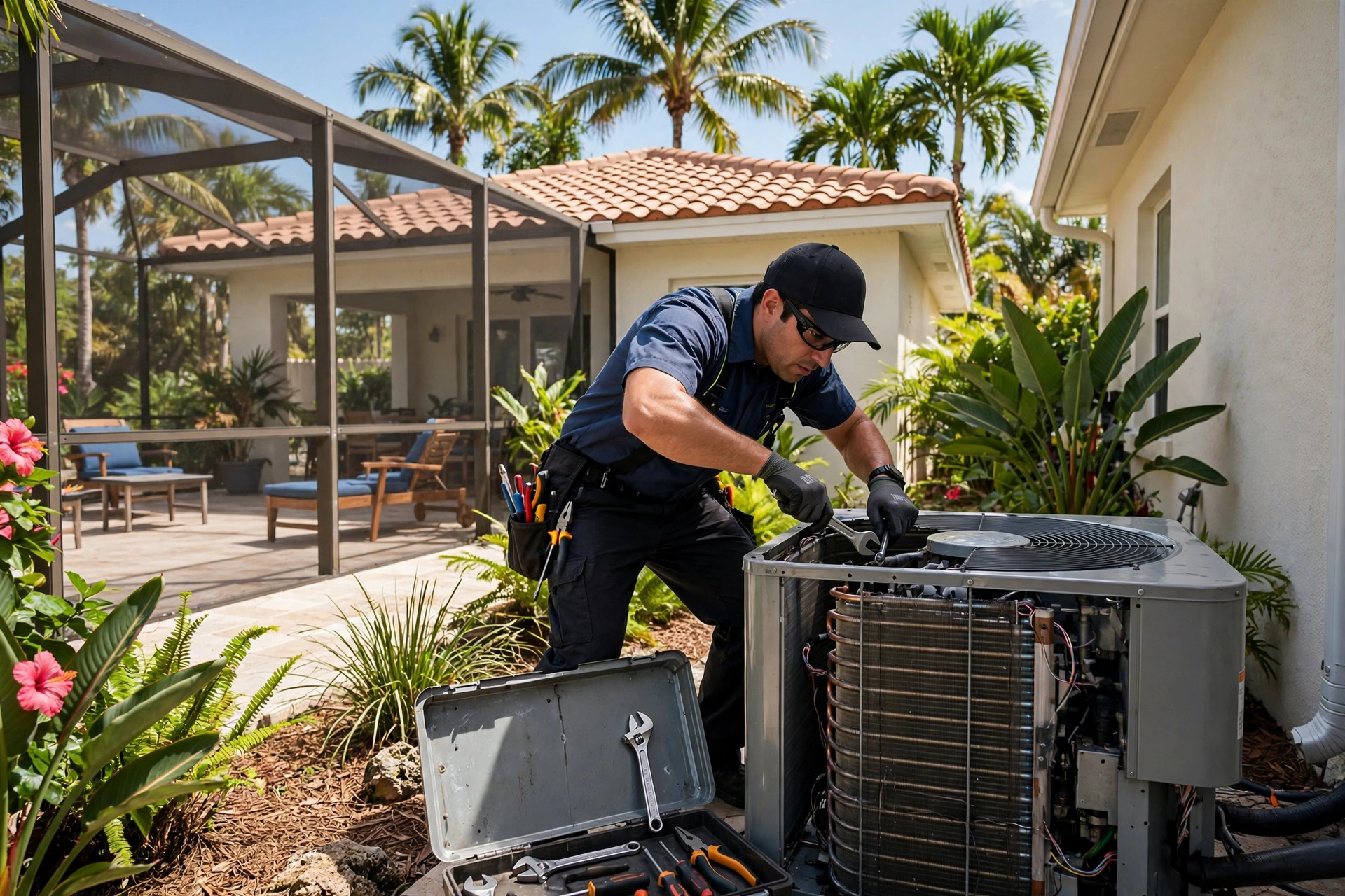 HVAC technician servicing an outdoor AC condenser beside a Marco Island home with a screened lanai