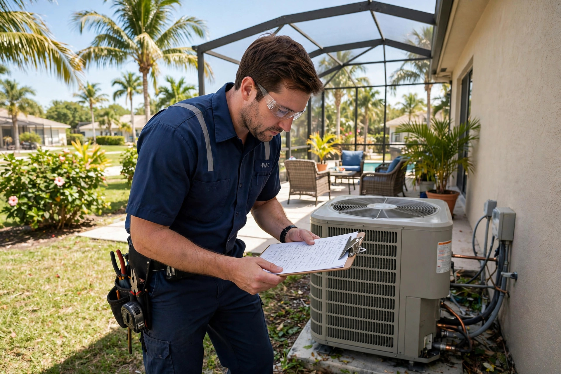 HVAC technician reviewing a written AC repair estimate beside an outdoor condenser unit at a Marco Island FL home