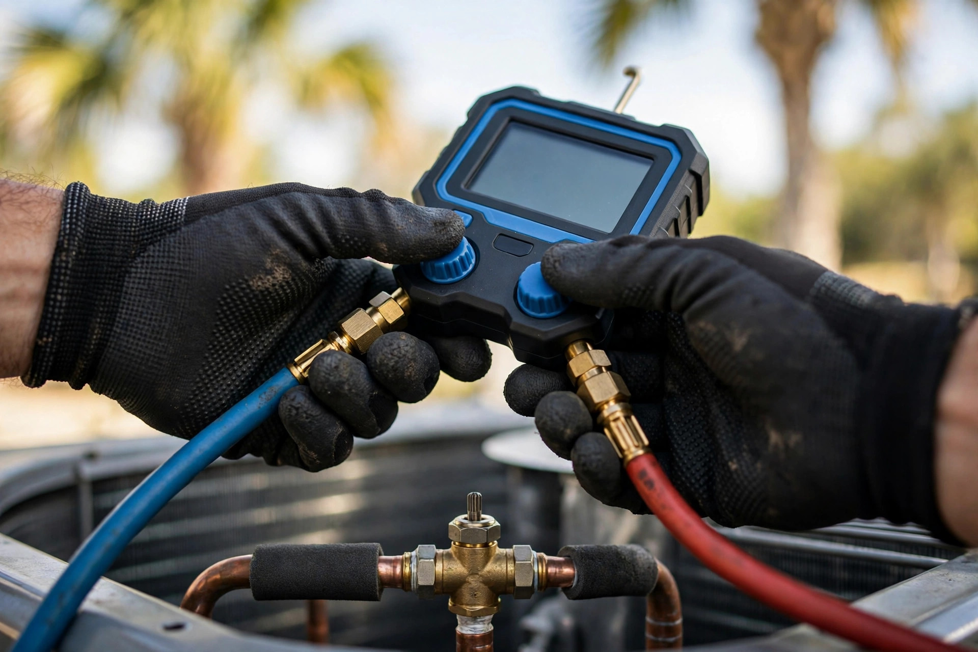 Technician using a digital manifold gauge to check refrigerant pressures during an AC diagnostic