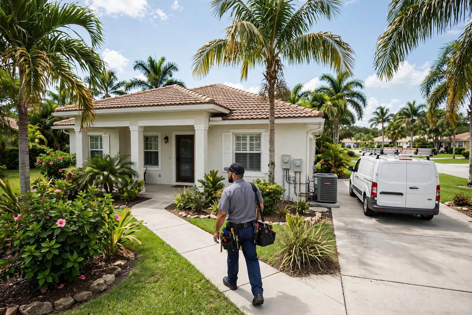 HVAC technician arriving at a Marco Island FL home for a scheduled AC repair diagnostic visit