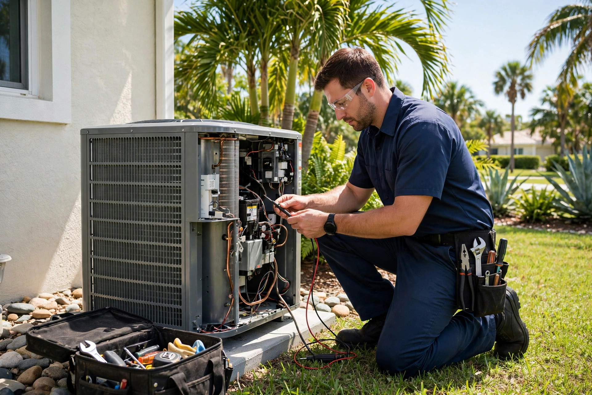 Licensed HVAC technician diagnosing an outdoor air conditioning unit at a Marco Island home