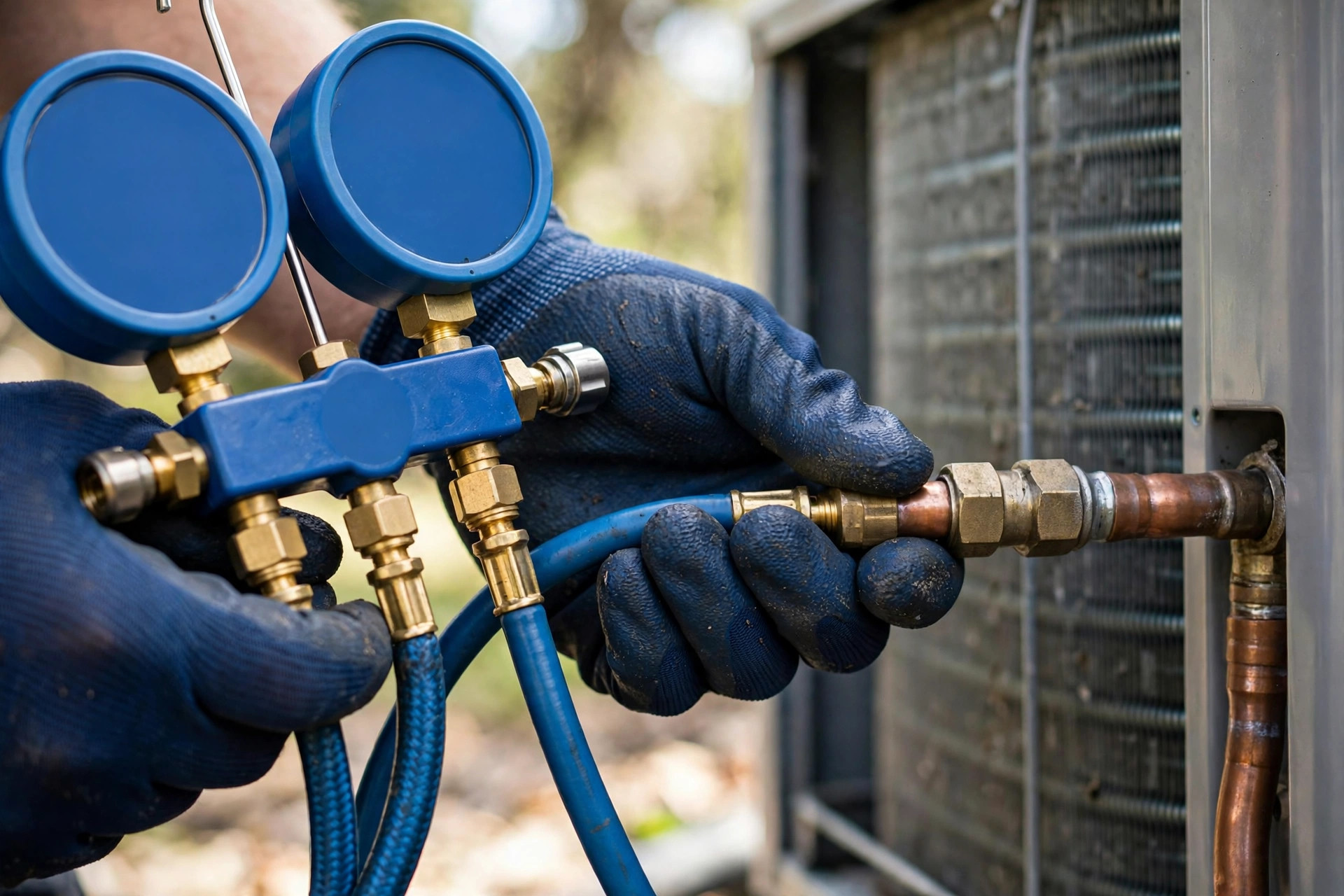 Technician connecting refrigerant gauges to an outdoor AC unit during a diagnostic