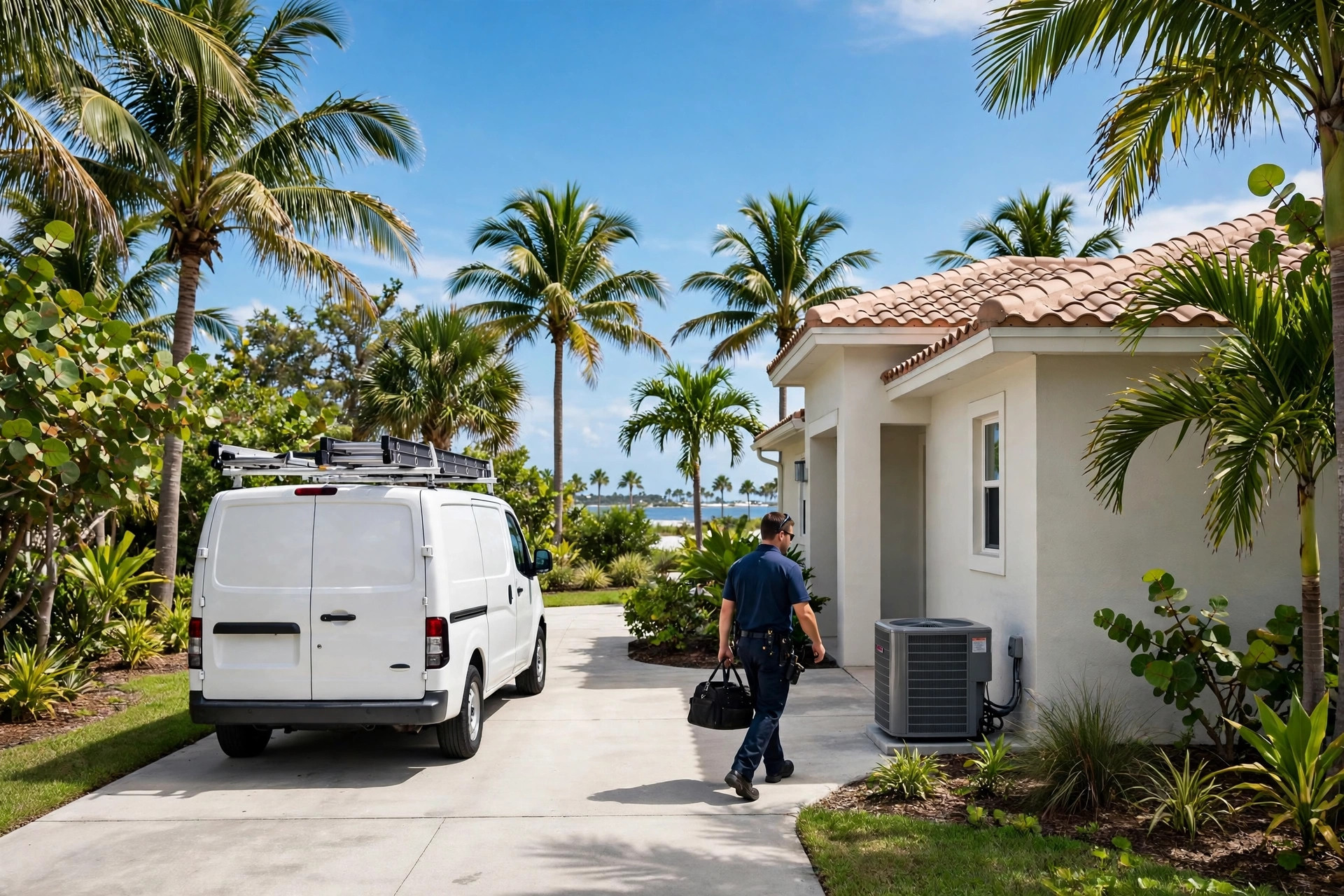 HVAC service van and technician arriving at a Florida home on Marco Island