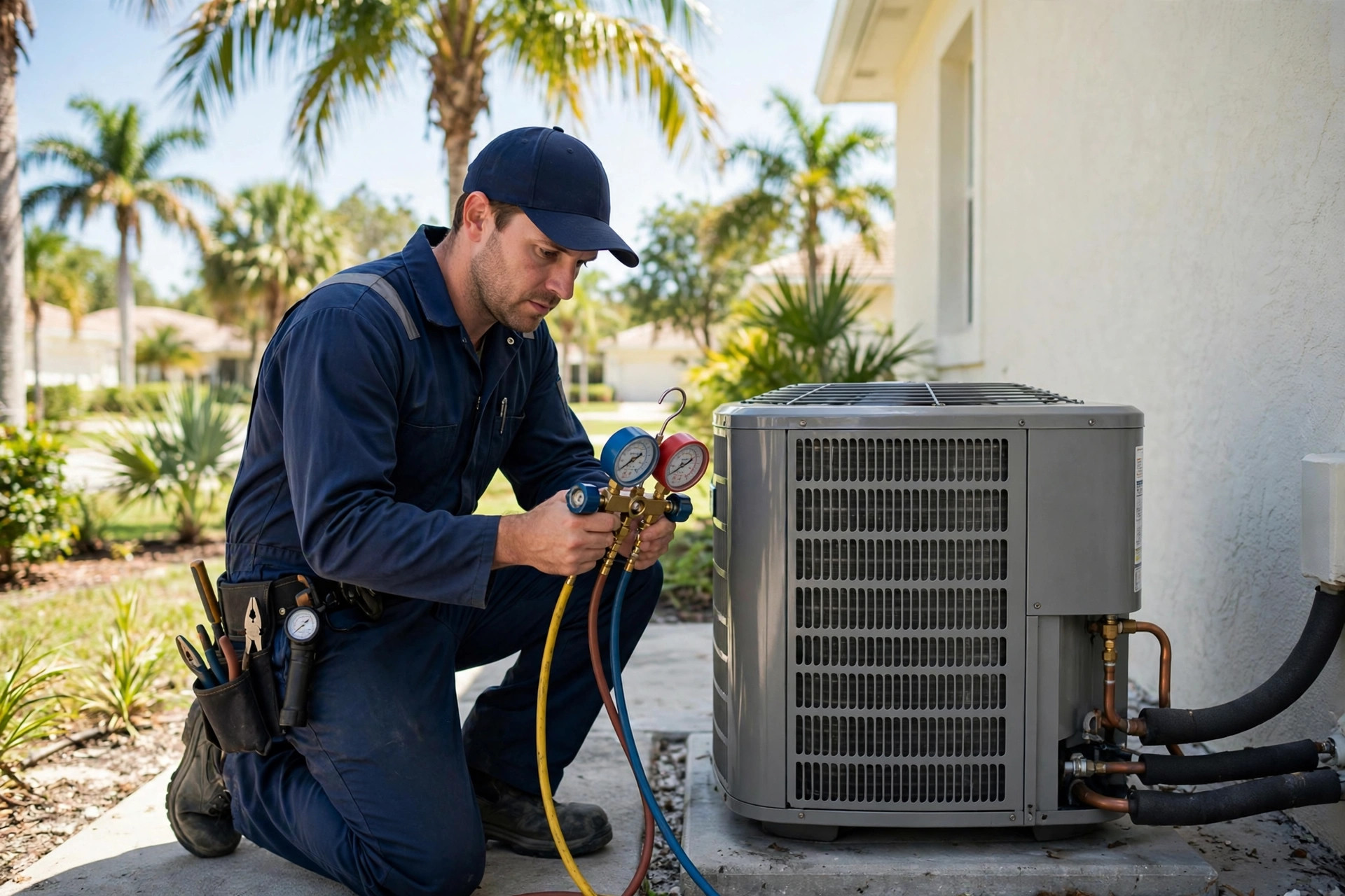 HVAC technician servicing an outdoor AC condenser at a Marco Island, Florida home with palm trees