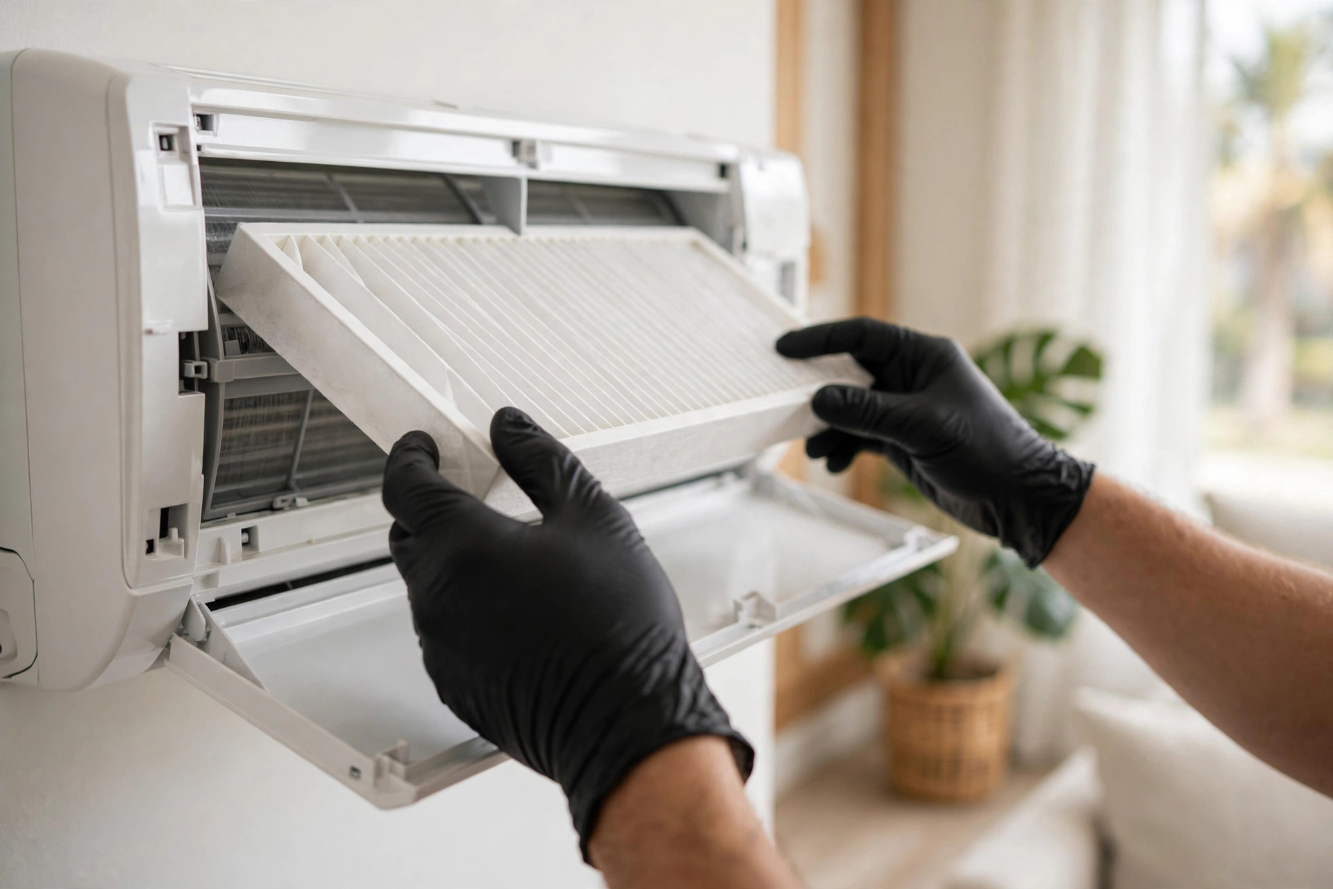 Close-up of a technician's hands replacing a dirty air filter inside an indoor air handler