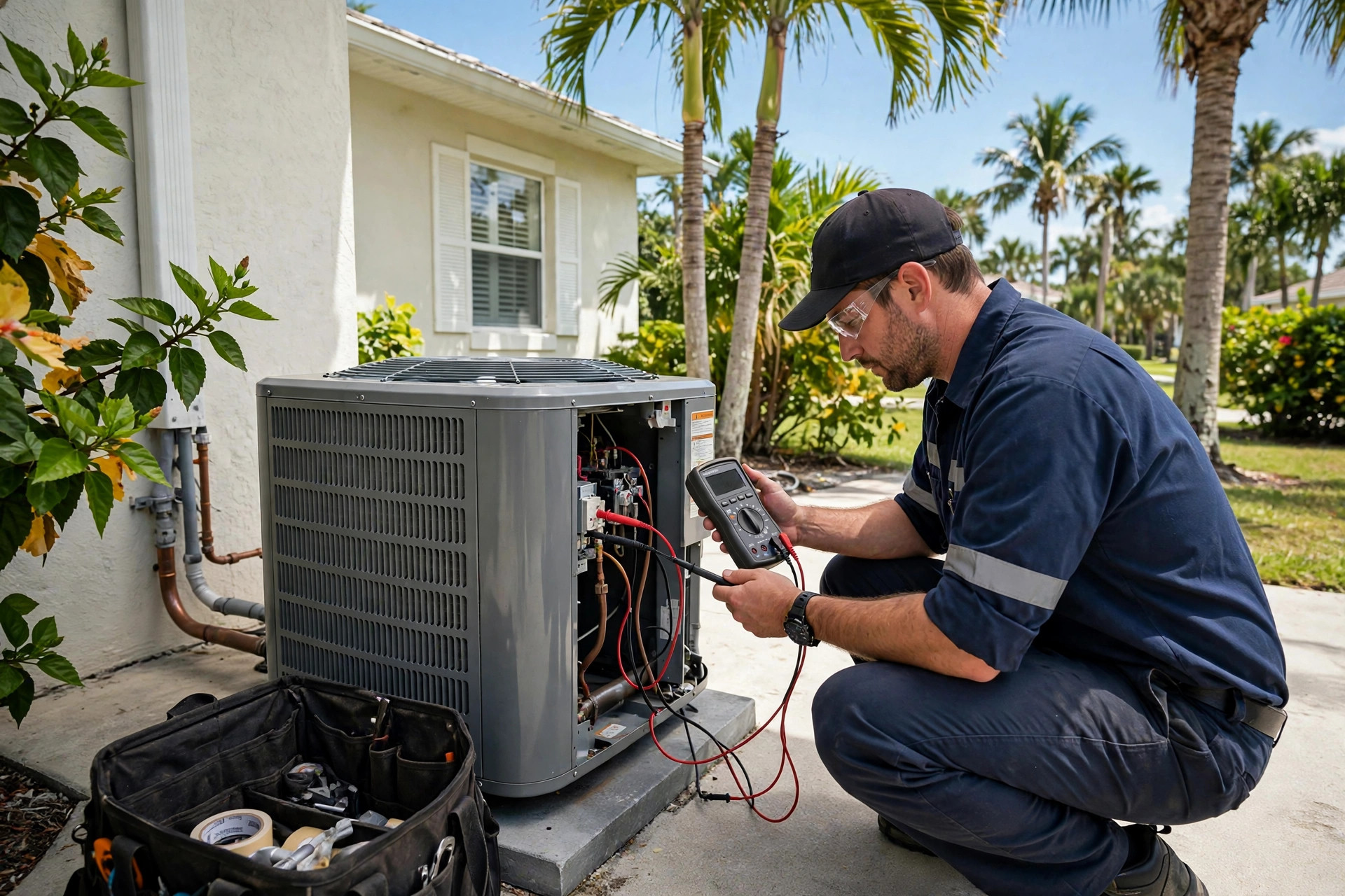 HVAC technician testing an outdoor AC condenser with a digital multimeter at a Florida home